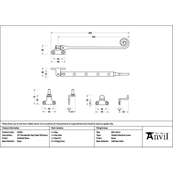 Polished Brass 10" Monkeytail Stay (Steel Window) - Stays - From The Anvil - Yester Home