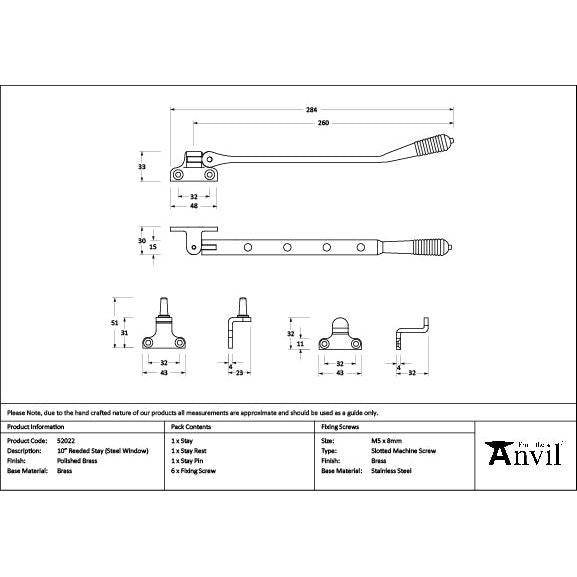 Polished Brass 10" Reeded Stay (Steel Window) - Stays - From The Anvil - Yester Home