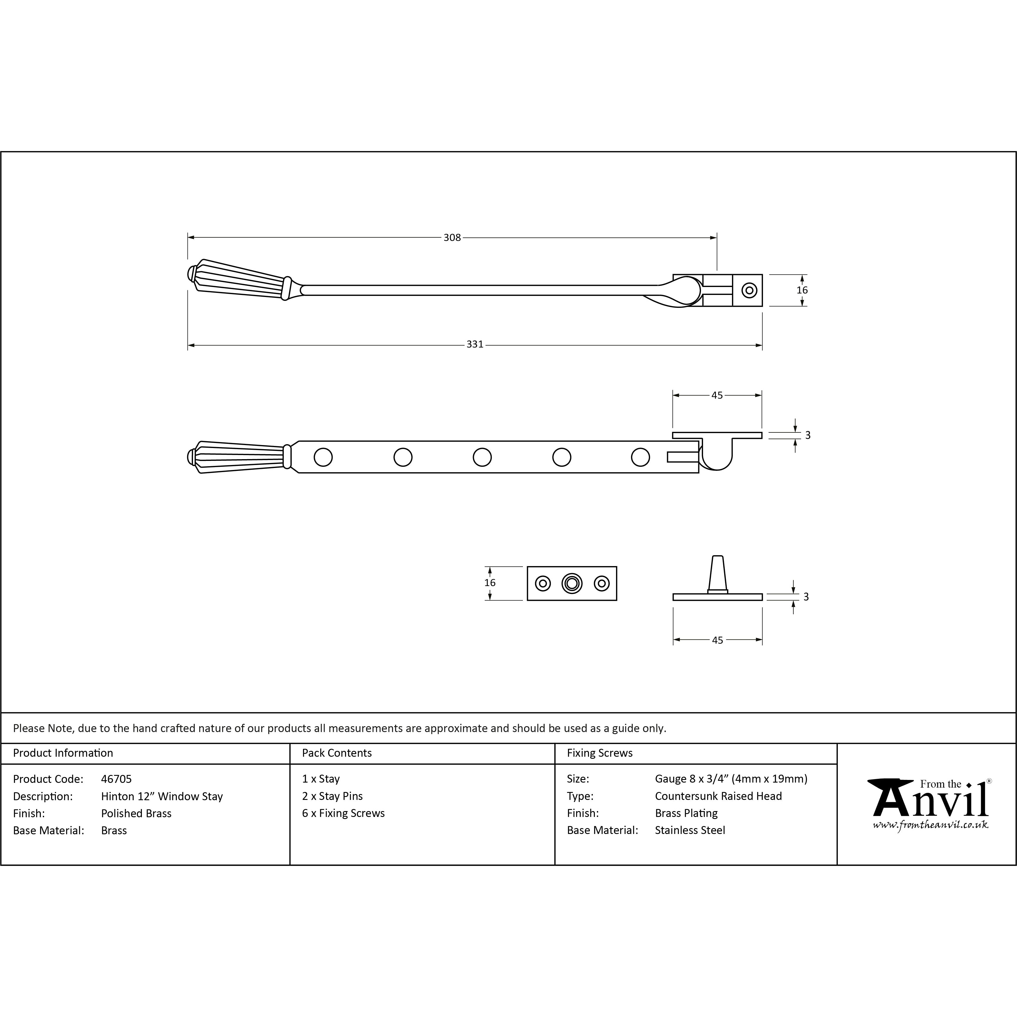 Polished Brass 12" Hinton Stay | From The Anvil-Stays-Yester Home
