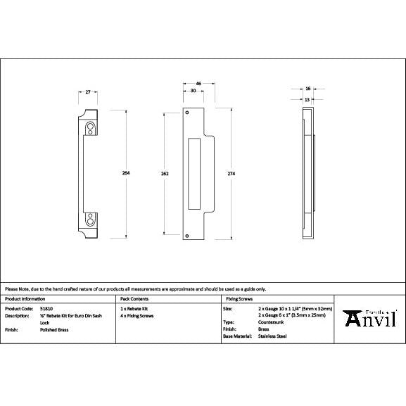 Polished Brass ½" Rebate Kit for Euro Din Sash Lock - Euro Locks - From The Anvil - Yester Home