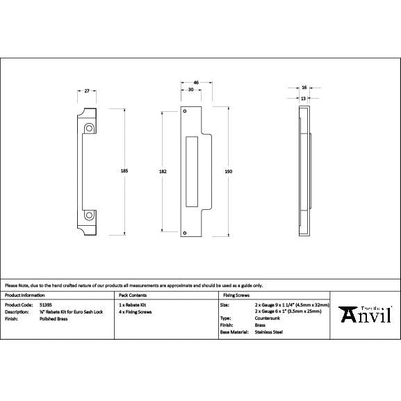 Polished Brass ½" Rebate Kit for Euro Sash Lock - Euro Locks - From The Anvil - Yester Home