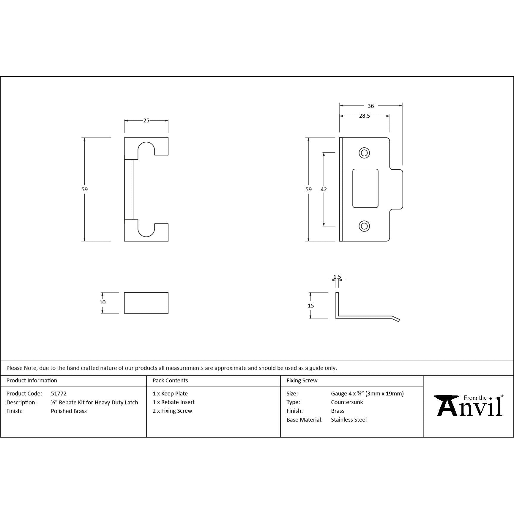 Polished Brass ½" Rebate Kit for Heavy Duty Latch - Latches - From The Anvil - Yester Home