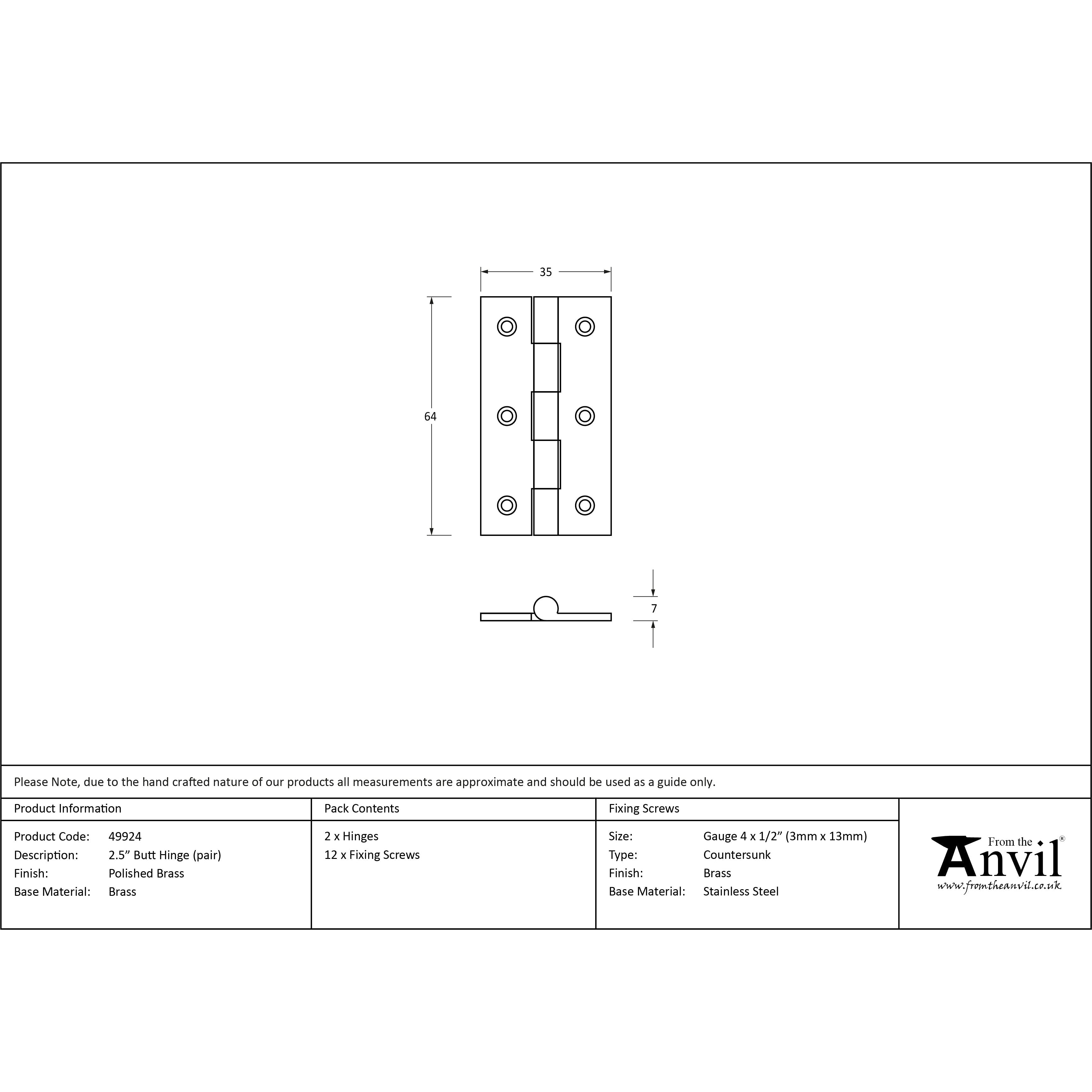 Polished Brass 2.5" Butt Hinge (pair) | From The Anvil-Butt Hinges-Yester Home