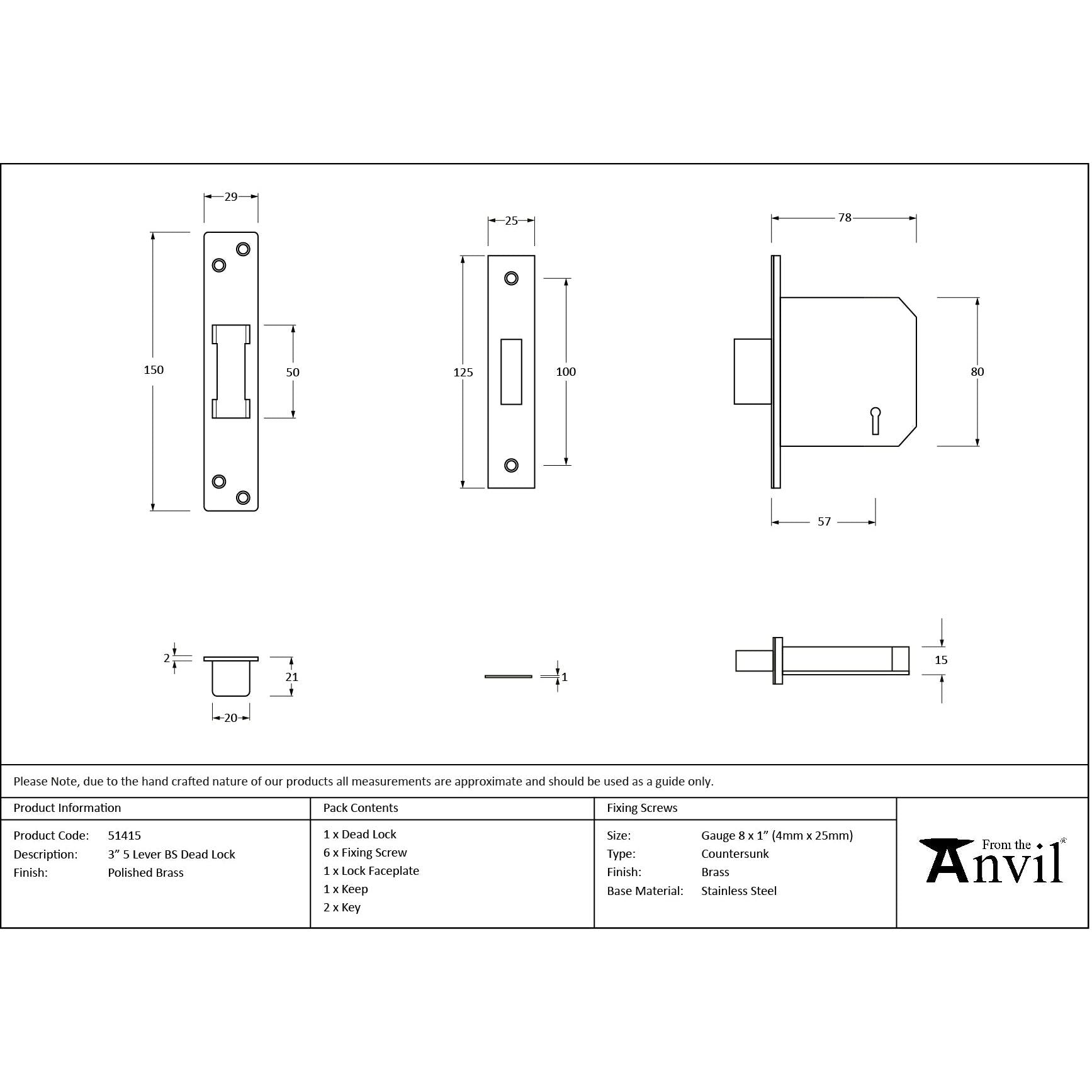 Polished Brass 3" 5 Lever BS Dead Lock - Deadlocks & Deadbolts - From The Anvil - Yester Home
