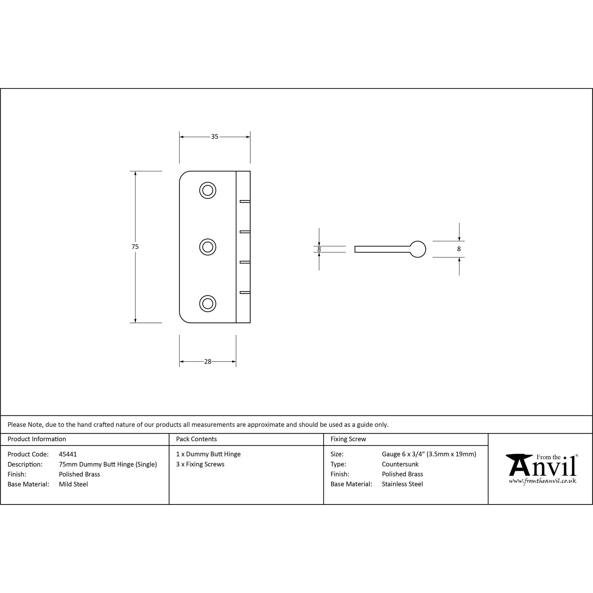 Polished Brass 3" Dummy Butt Hinge (Single) | From The Anvil - Butt Hinges - From The Anvil - Yester Home