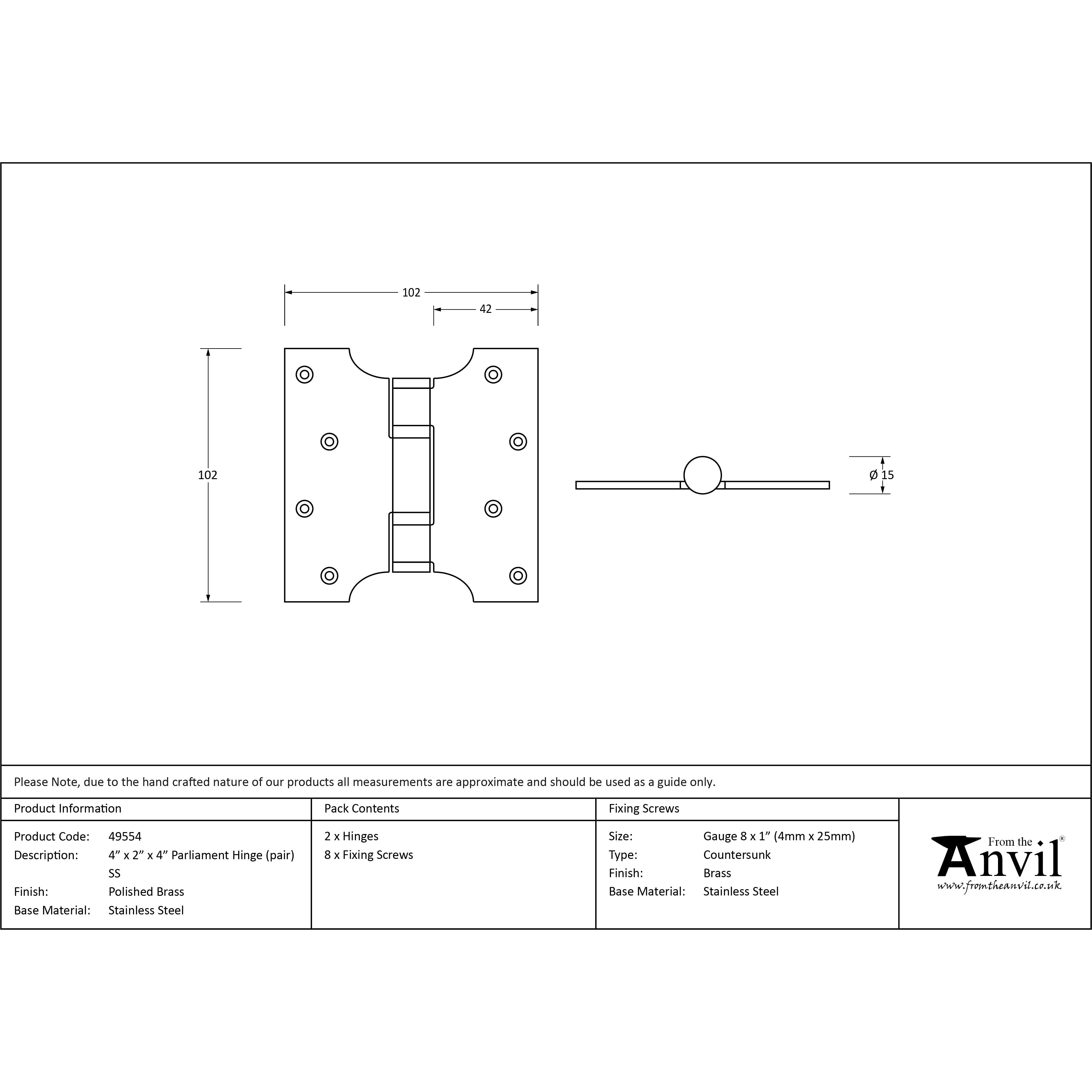 Polished Brass 4" x 2" x 4" Parliament Hinge (pair) ss | From The Anvil-Parliament Hinges-Yester Home