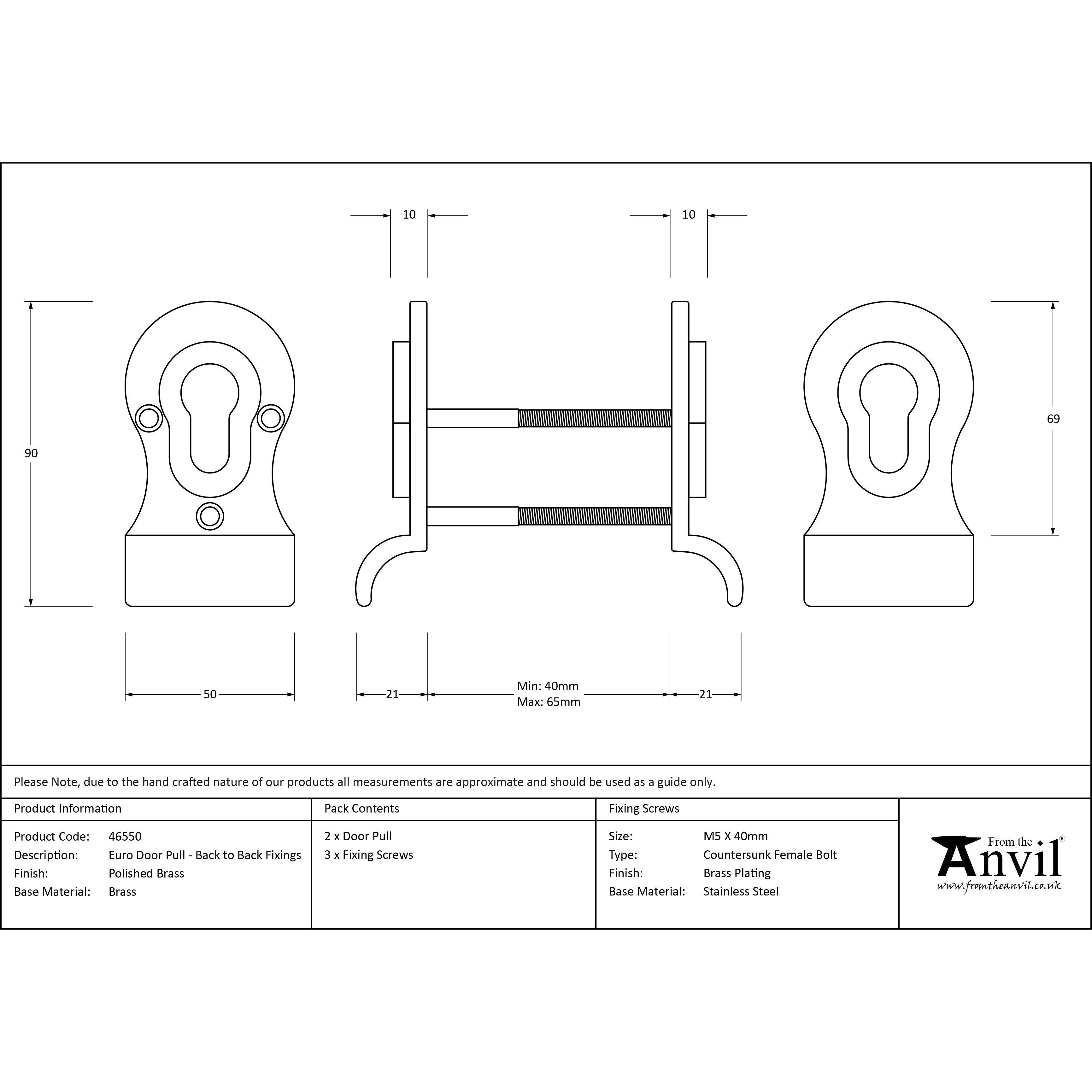 Polished Brass 50mm Euro Door Pull (Back to Back fixings) | From The Anvil-Euro Pulls-Yester Home