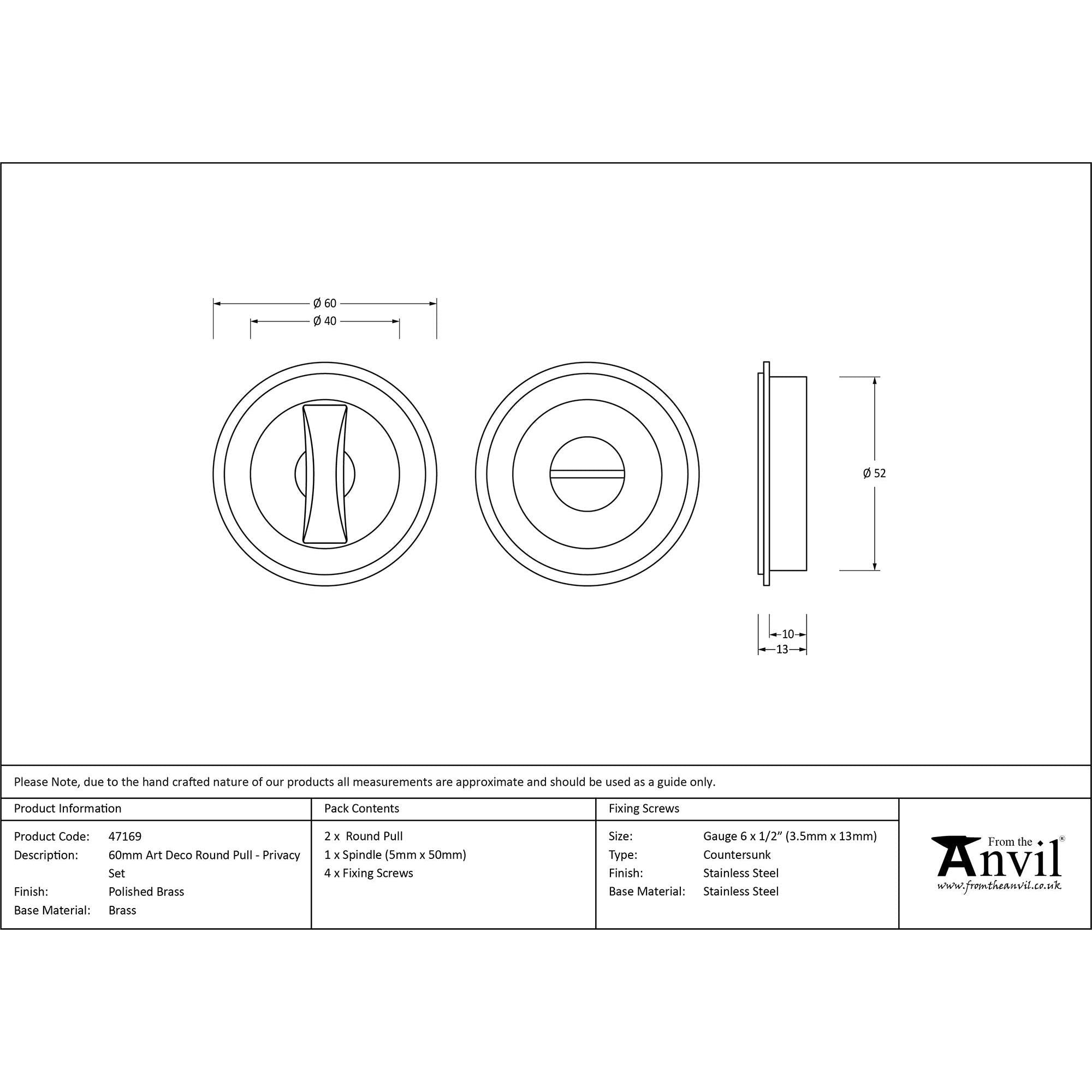 Polished Brass 60mm Art Deco Round Pull - Privacy Set | From The Anvil - Cabinet Pulls - From The Anvil - Yester Home