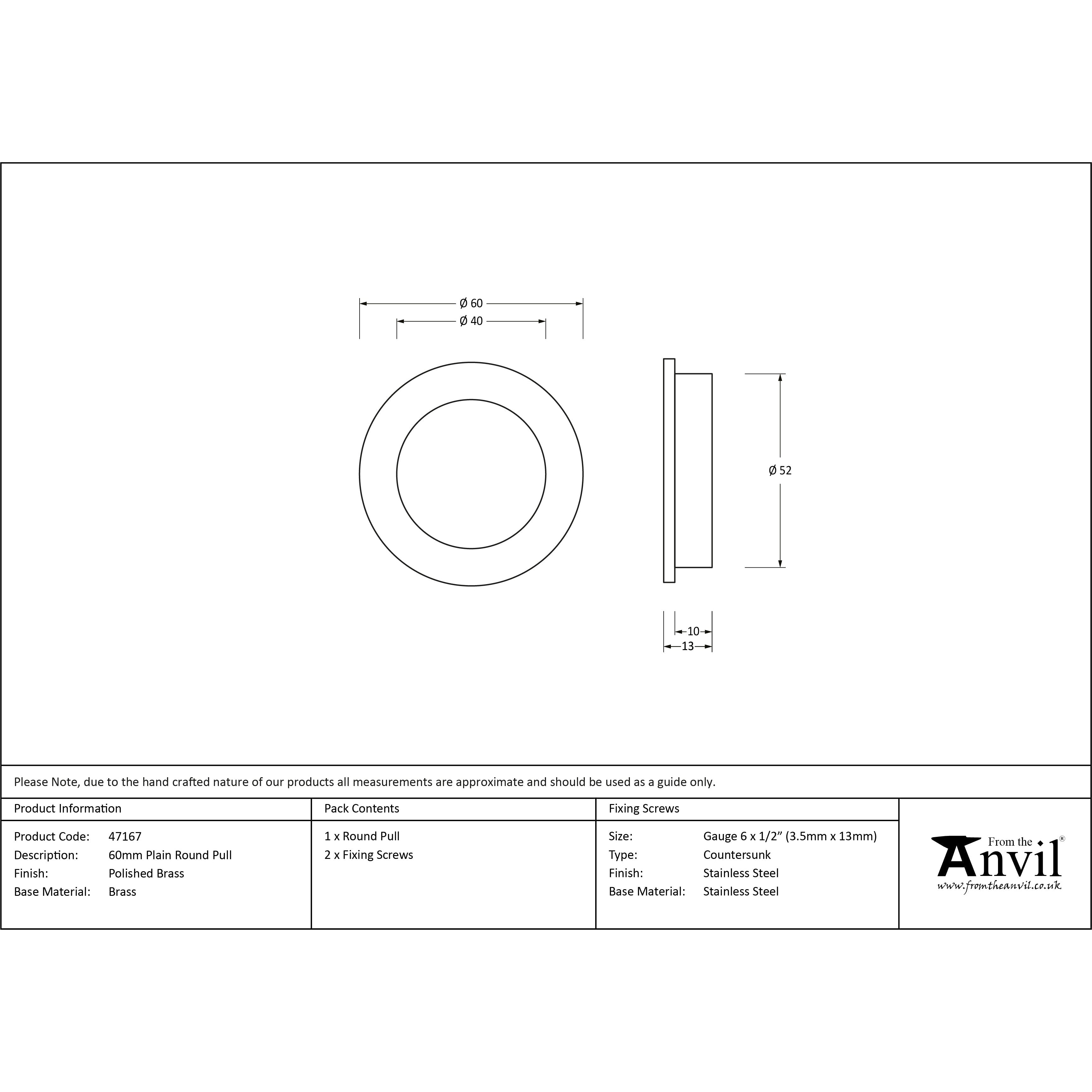 Polished Brass 60mm Plain Round Pull | From The Anvil-Cabinet Pulls-Yester Home