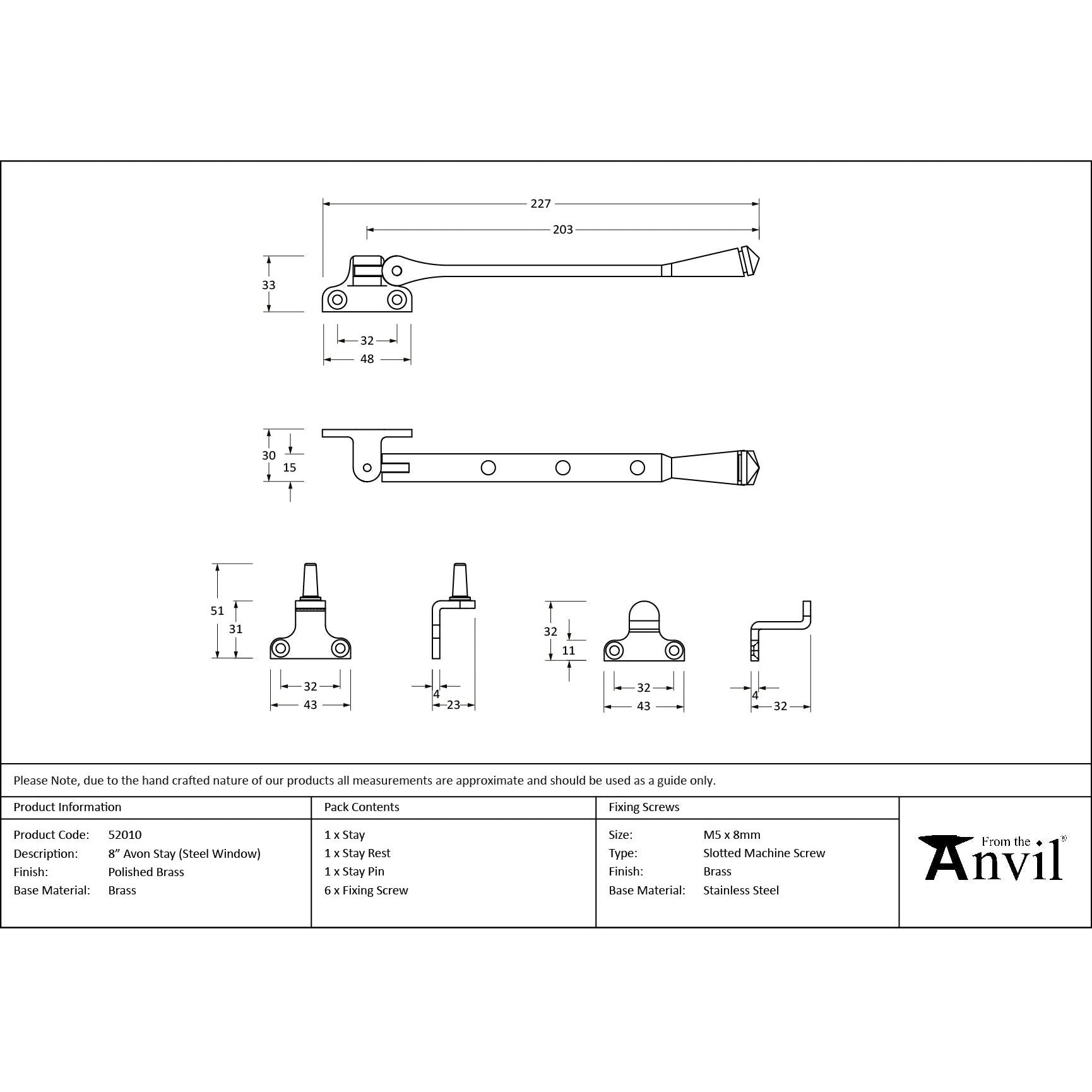 Polished Brass 8" Avon Stay (Steel Window) - Stays - From The Anvil - Yester Home