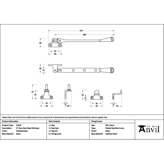 Polished Brass 8" Avon Stay (Steel Window) - Stays - From The Anvil - Yester Home