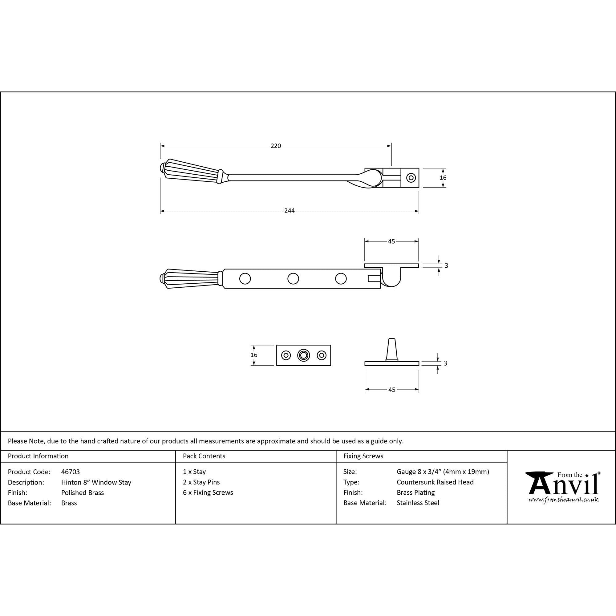 Polished Brass 8" Hinton Stay | From The Anvil - Stays - From The Anvil - Yester Home