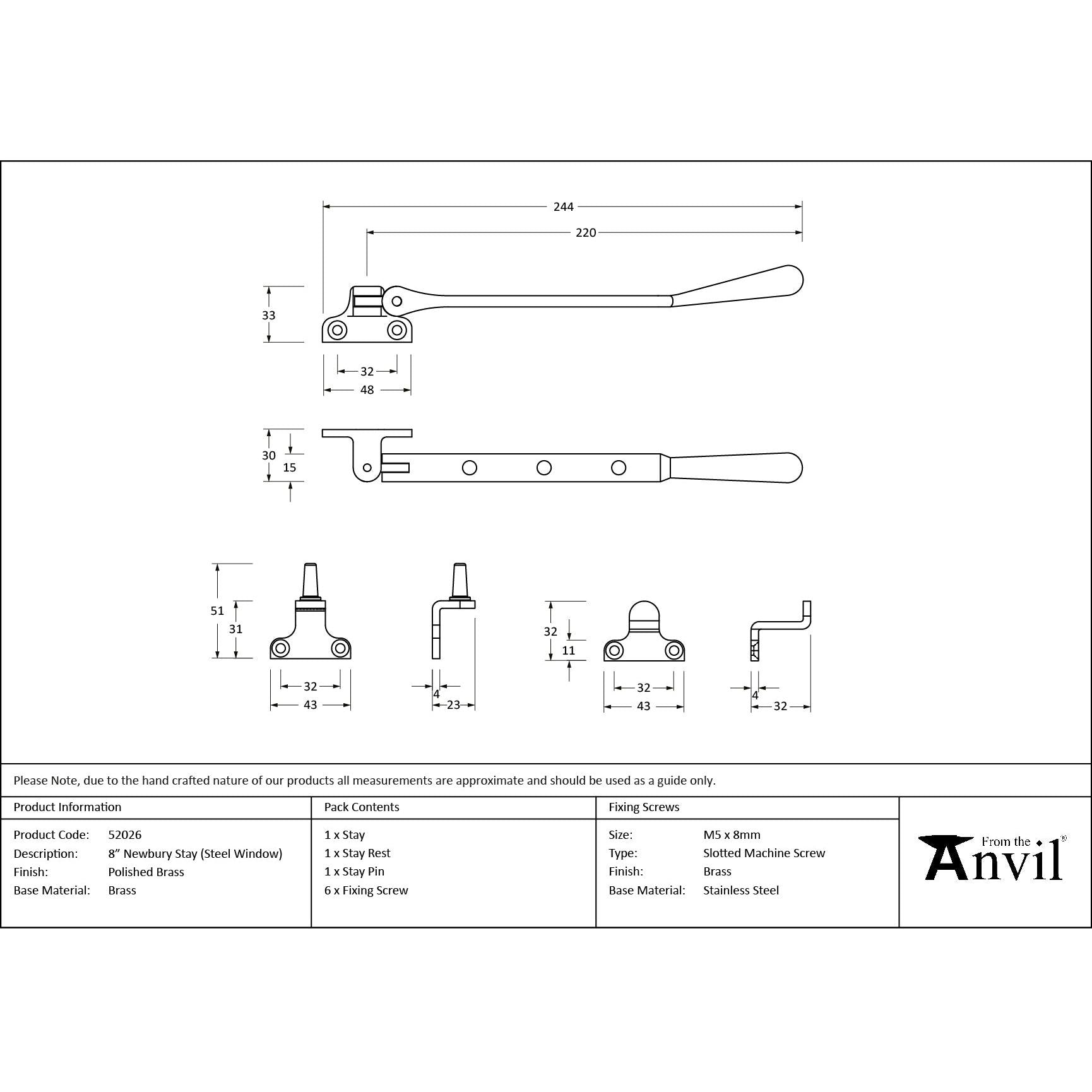 Polished Brass 8" Newbury Stay (Steel Window) - Stays - From The Anvil - Yester Home