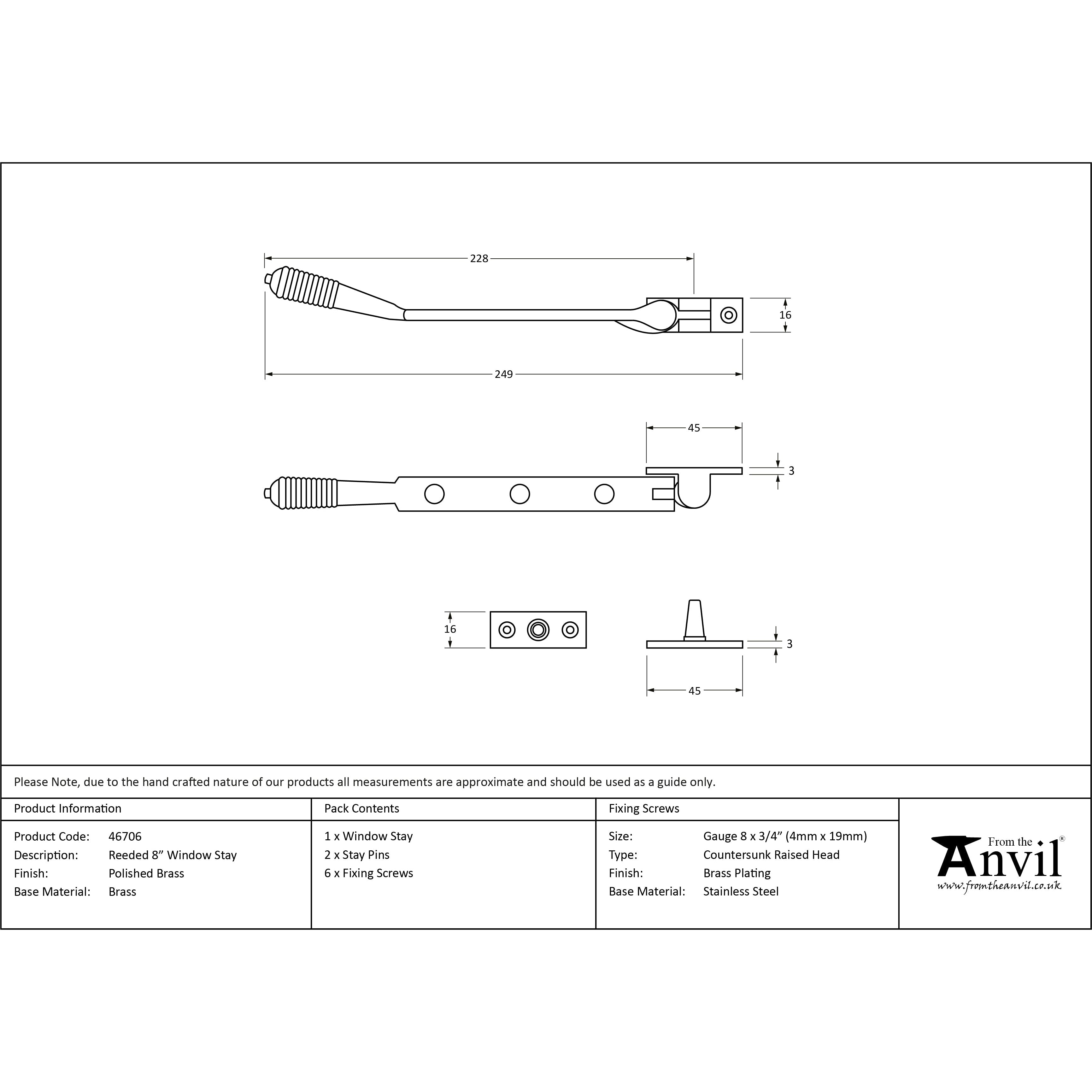 Polished Brass 8" Reeded Stay | From The Anvil-Stays-Yester Home