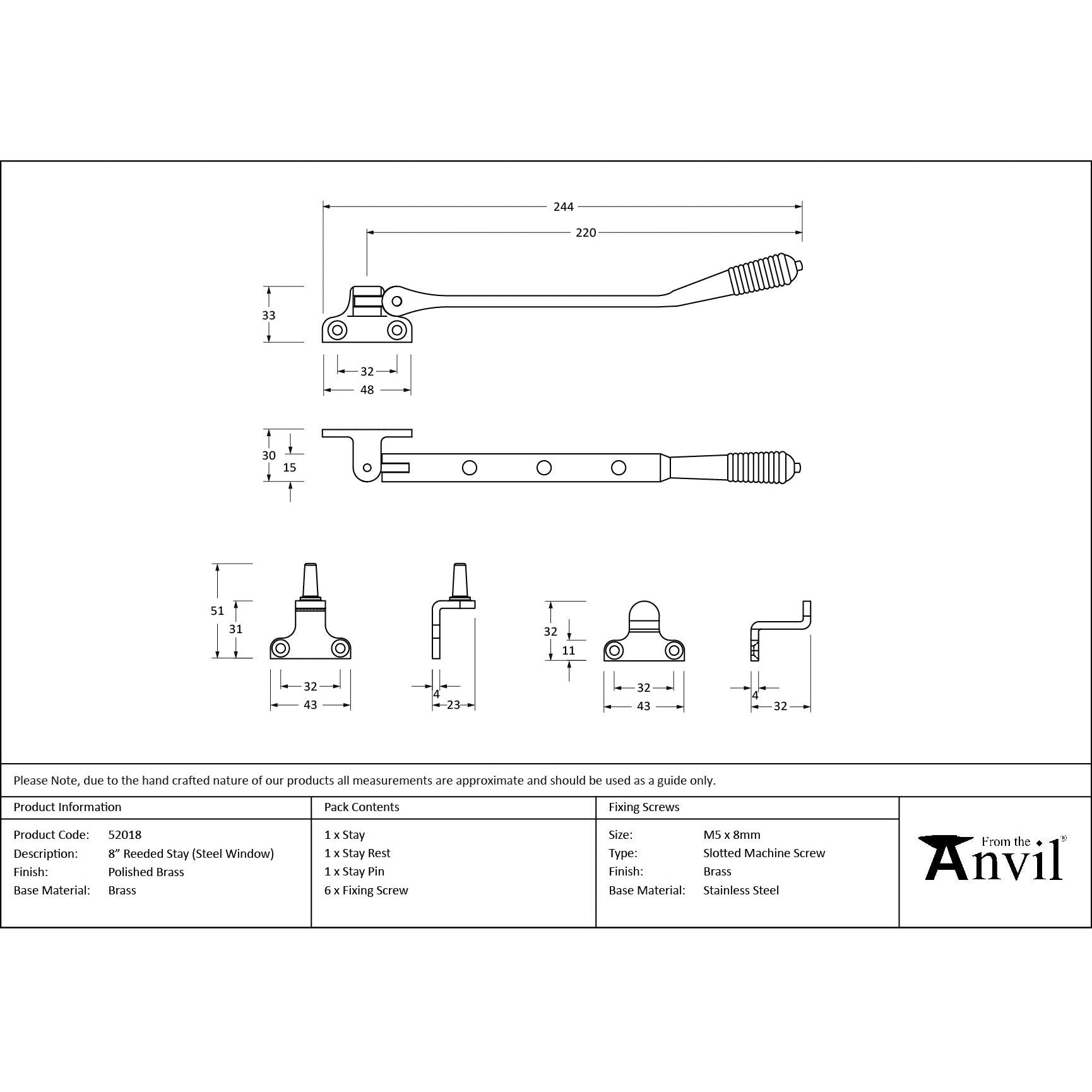 Polished Brass 8" Reeded Stay (Steel Window) - Stays - From The Anvil - Yester Home
