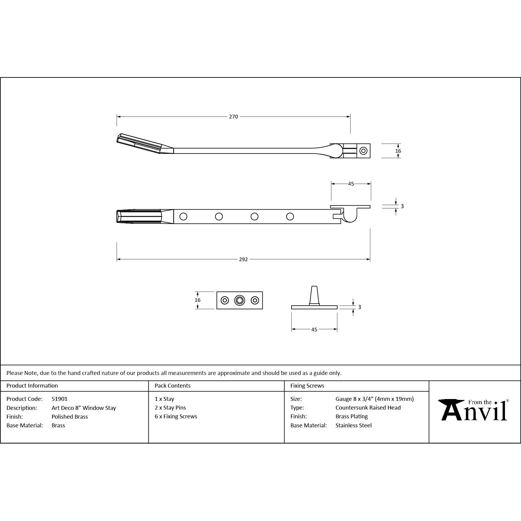 Polished Brass Art Deco 10" Stay - Stays - From The Anvil - Yester Home