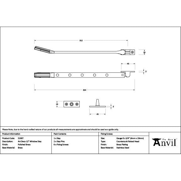 Polished Brass Art Deco 12" Stay - Stays - From The Anvil - Yester Home