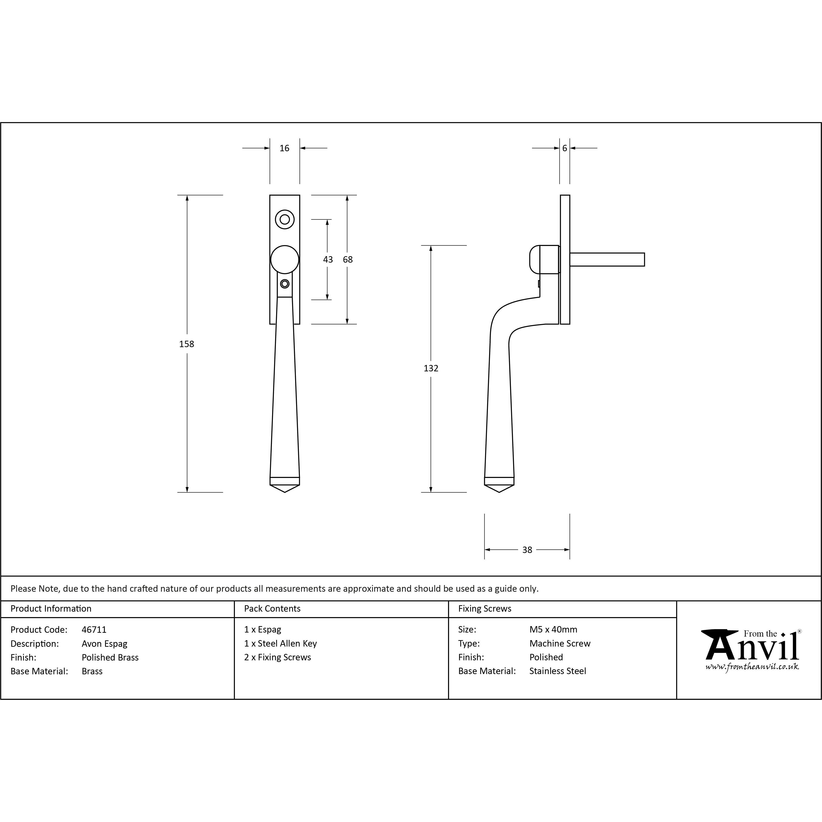 Polished Brass Avon Espag | From The Anvil-Espag. Fasteners-Yester Home