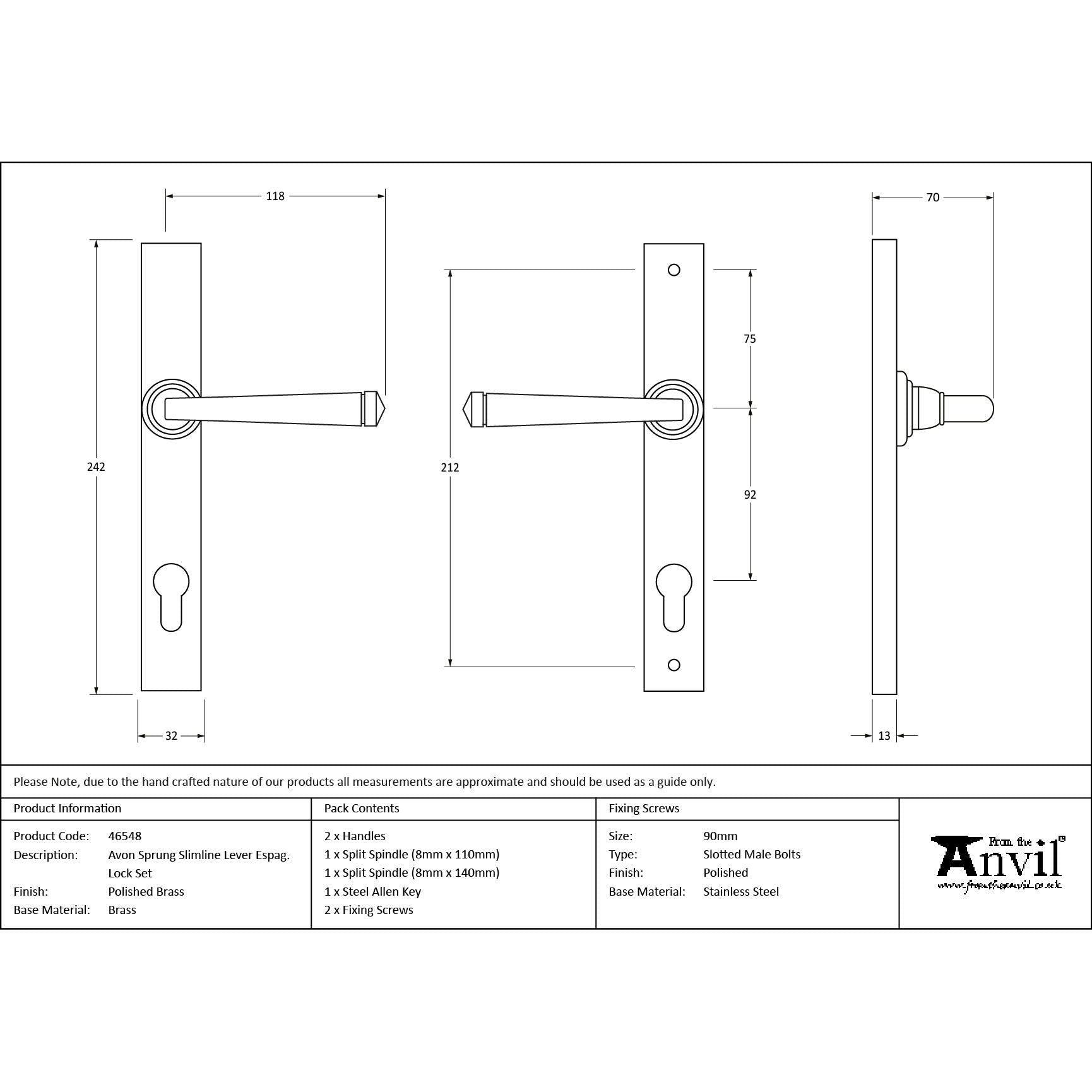 Polished Brass Avon Slimline Lever Espag. Lock Set | From The Anvil - Espagnolette - From The Anvil - Yester Home