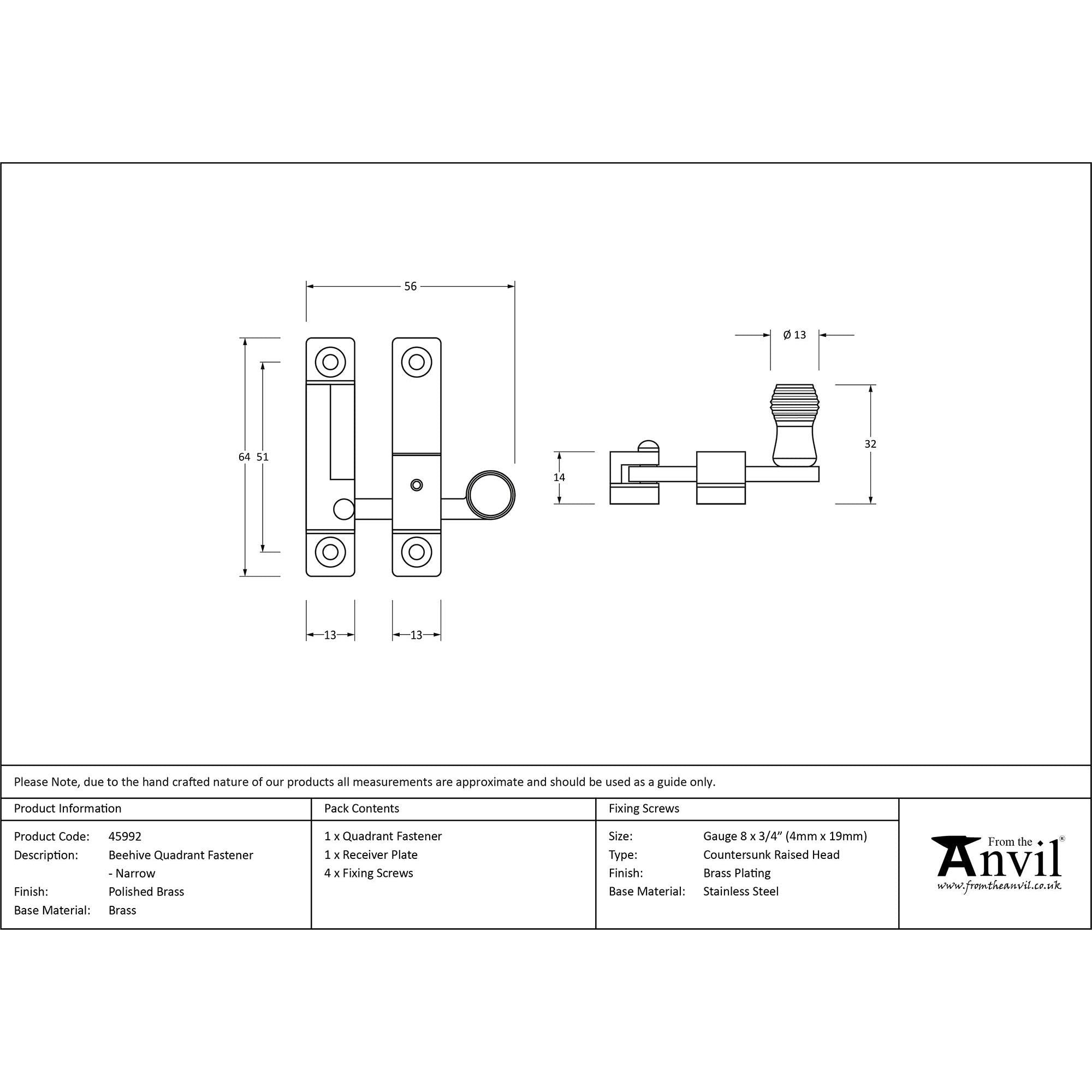 Polished Brass Beehive Quadrant Fastener - Narrow | From The Anvil - Quadrant Fasteners - From The Anvil - Yester Home