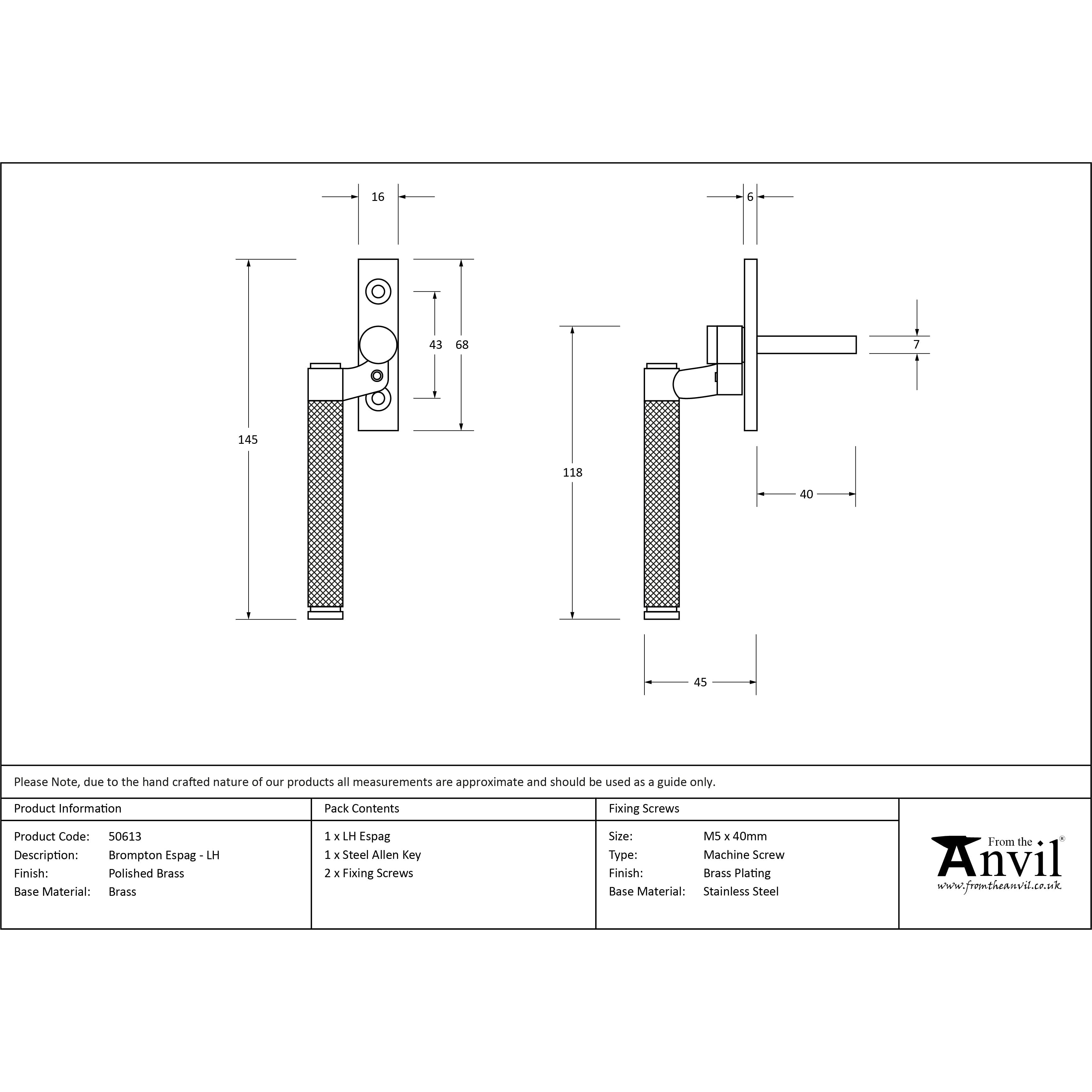 Polished Brass Brompton Espag - LH | From The Anvil-Espag. Fasteners-Yester Home