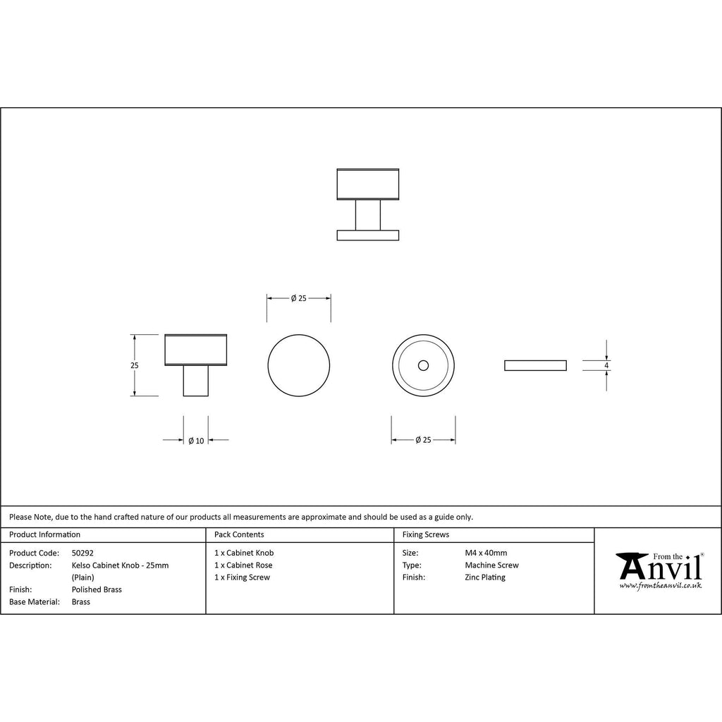 Polished Brass Kelso Cabinet Knob - 25mm (Plain) | From The Anvil - Cabinet Knobs - From The Anvil - Yester Home