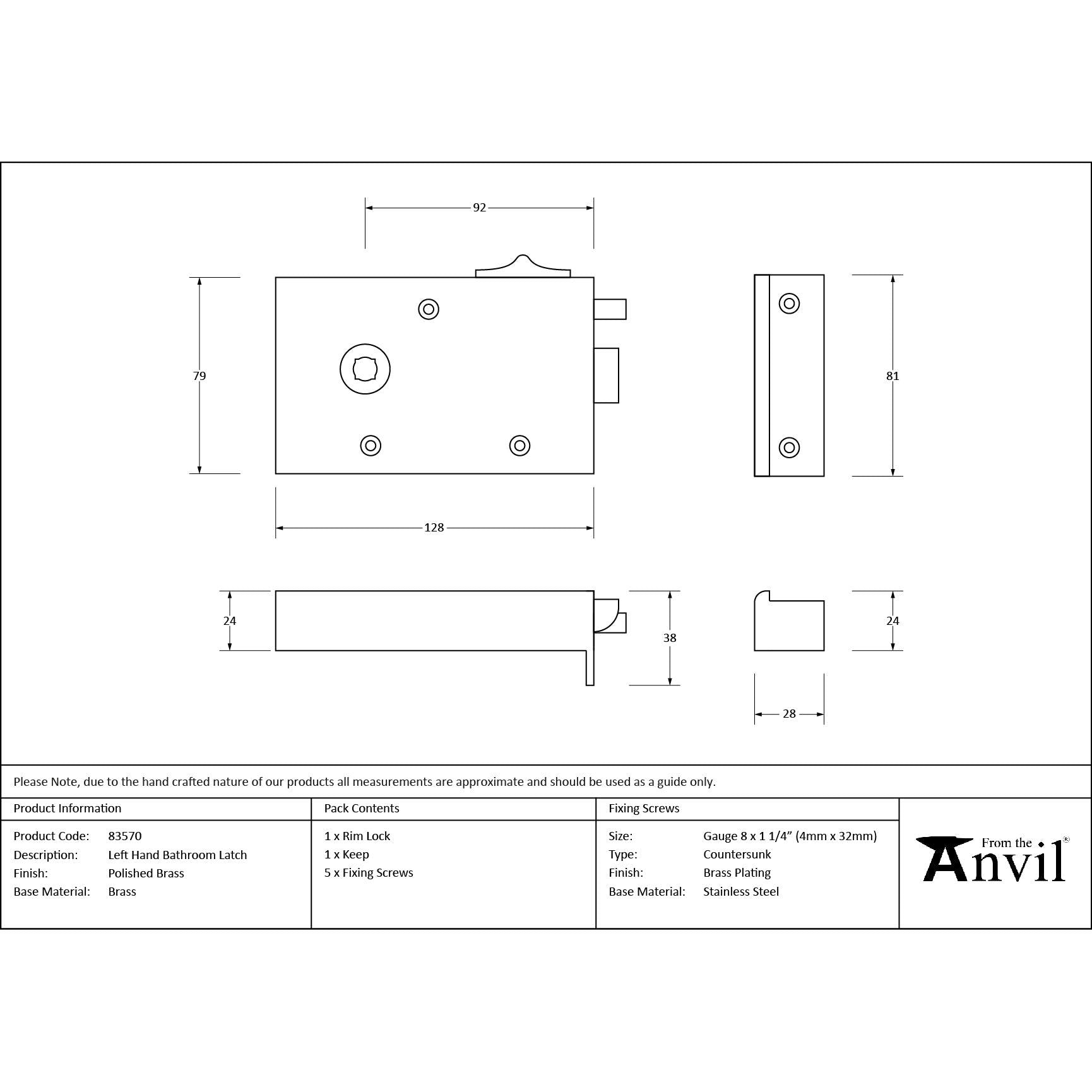 Polished Brass Left Hand Bathroom Latch | From The Anvil - Rim Locks & Latches - From The Anvil - Yester Home