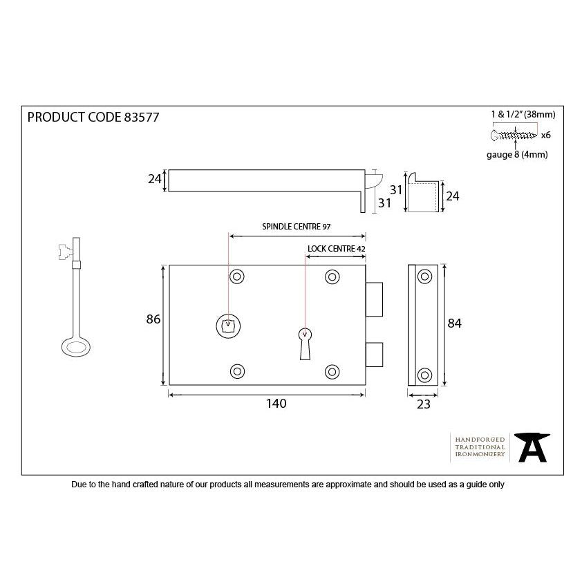 Polished Brass Left Hand Rim Lock - Small | From The Anvil-Rim Locks & Latches-Yester Home