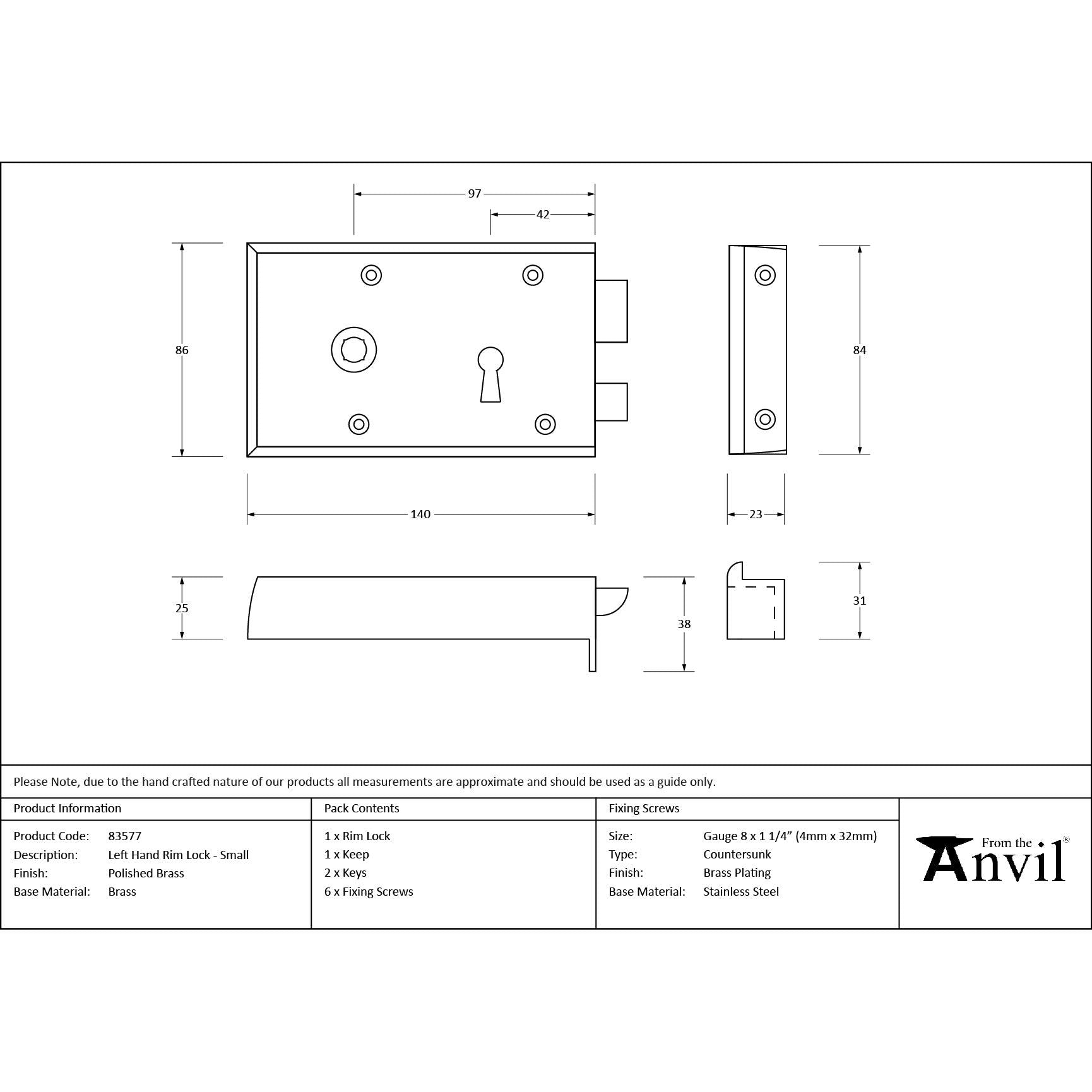 Polished Brass Left Hand Rim Lock - Small | From The Anvil - Rim Locks & Latches - From The Anvil - Yester Home
