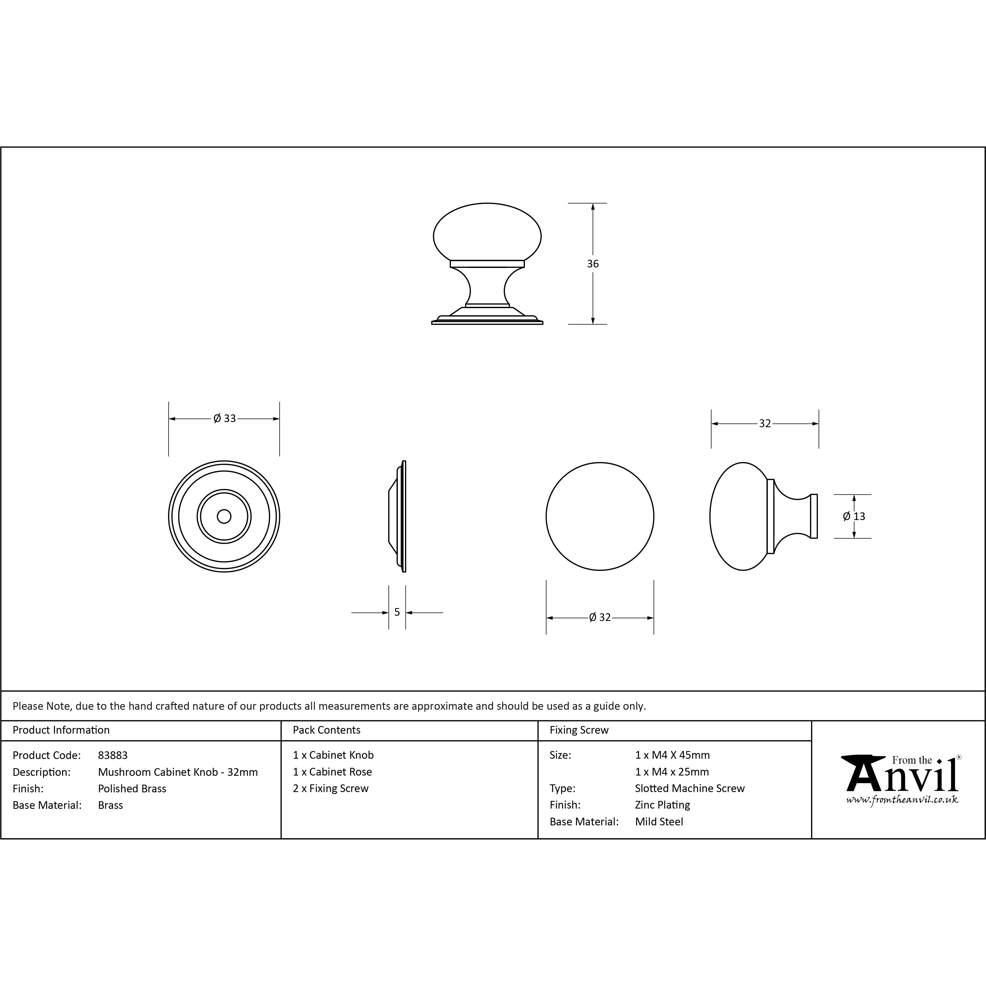 Polished Brass Mushroom Cabinet Knob 32mm | From The Anvil-Cabinet Knobs-Yester Home