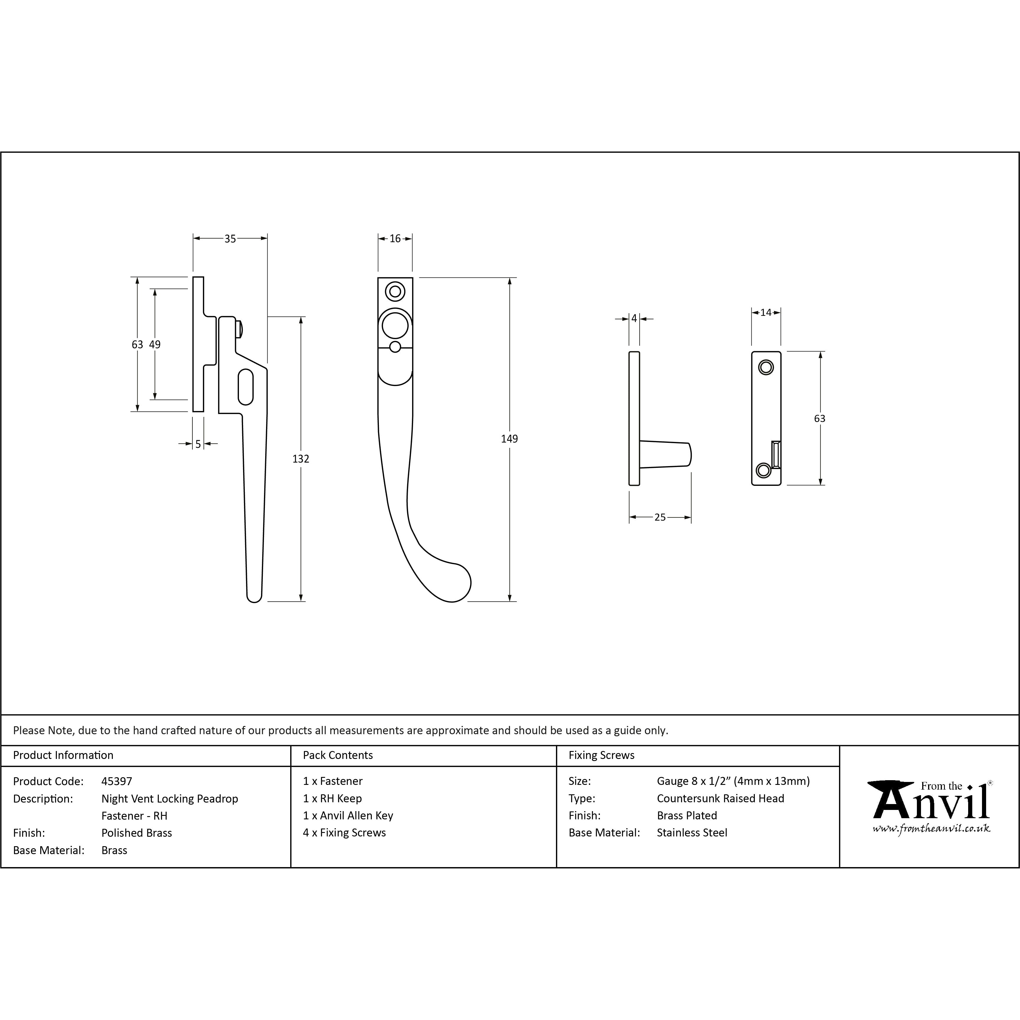 Polished Brass Night-Vent Locking Peardrop Fastener - RH | From The Anvil-Night-Vent Fasteners-Yester Home