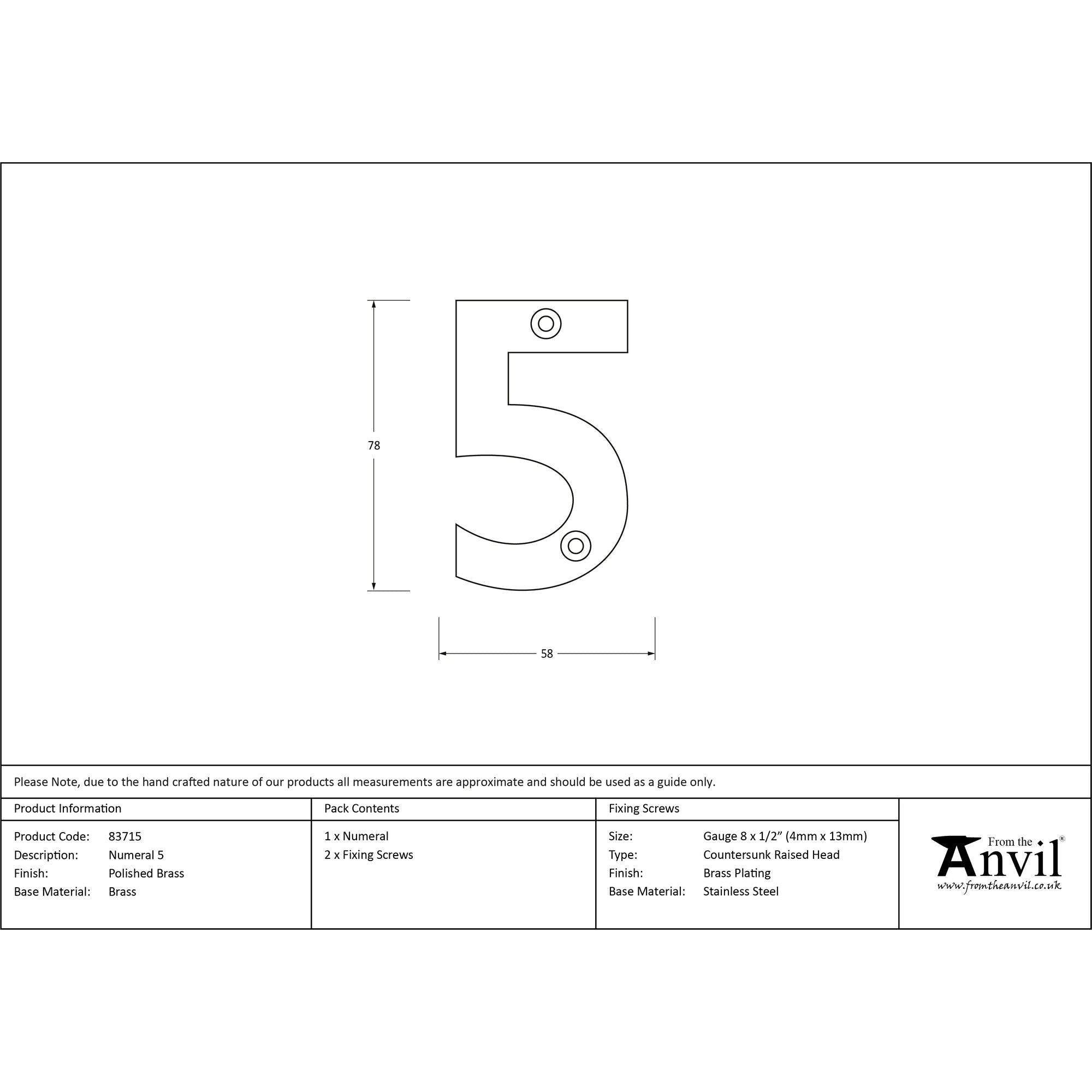 Polished Brass Numeral 5 | From The Anvil - Numerals - From The Anvil - Yester Home
