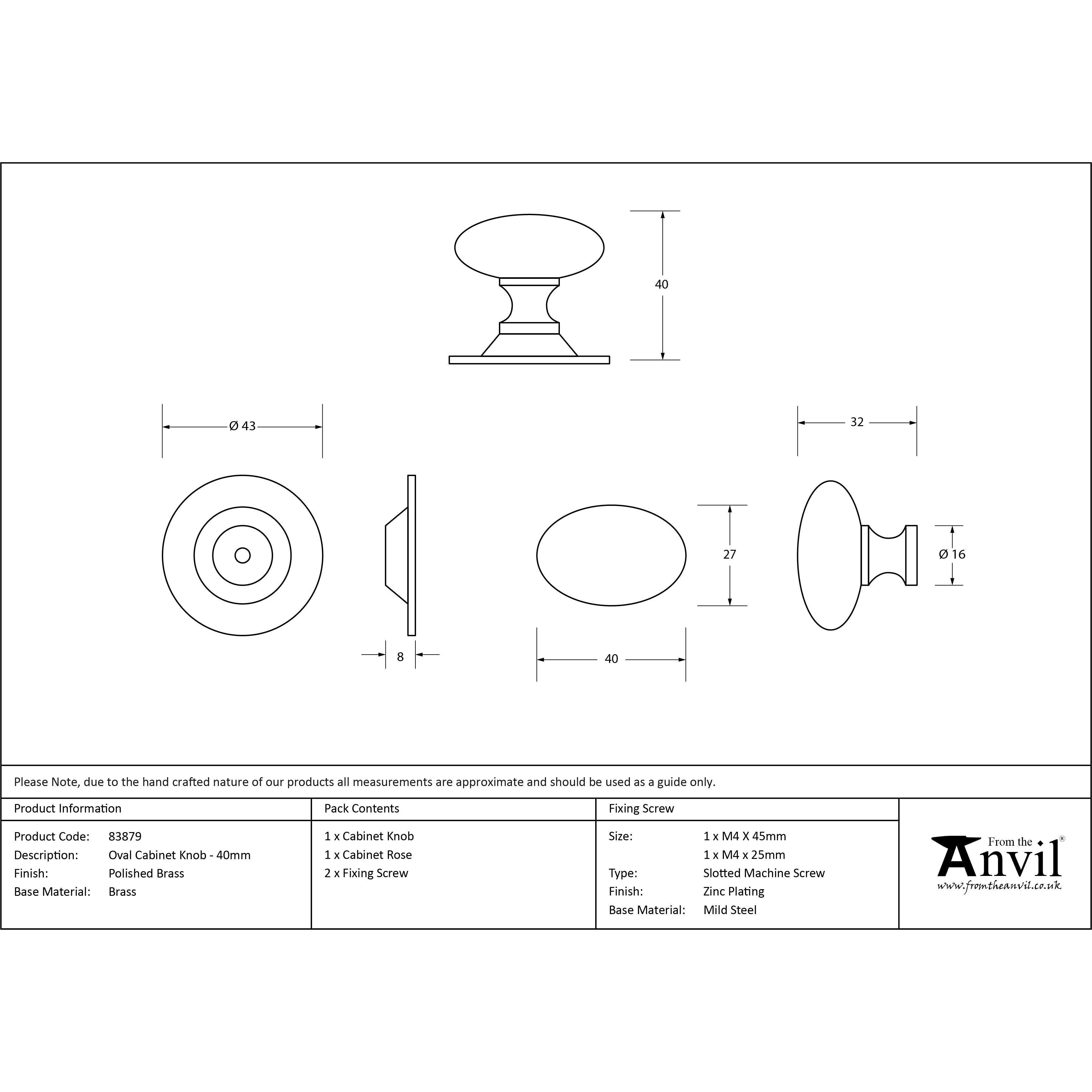 Polished Brass Oval Cabinet Knob 40mm | From The Anvil-Cabinet Knobs-Yester Home