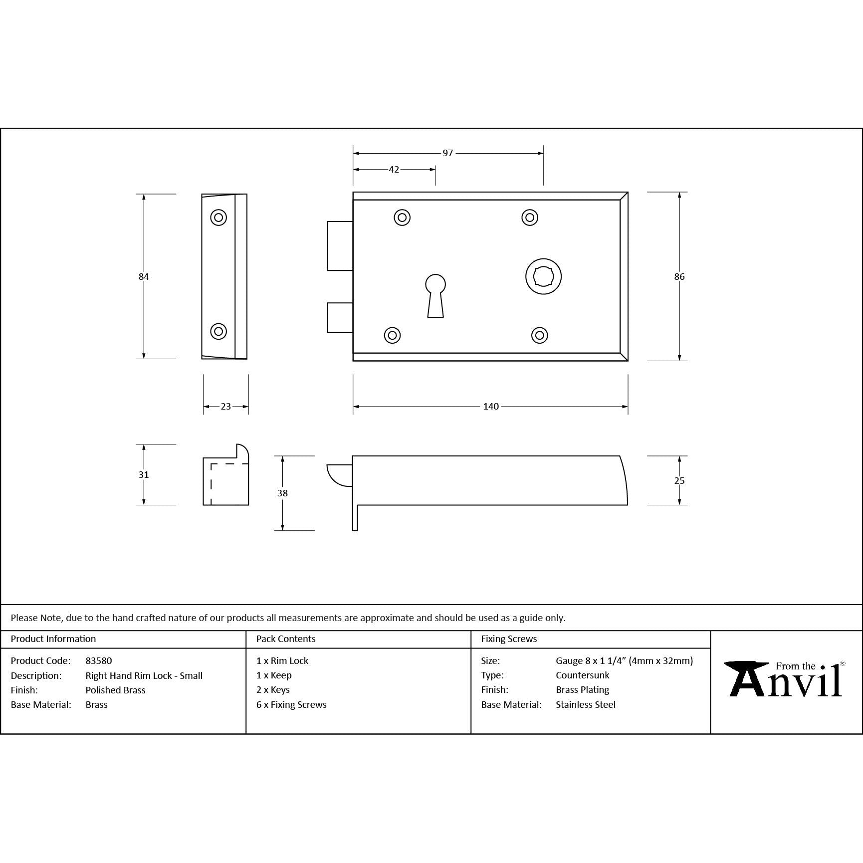 Polished Brass Right Hand Rim Lock - Small | From The Anvil - Rim Locks & Latches - From The Anvil - Yester Home