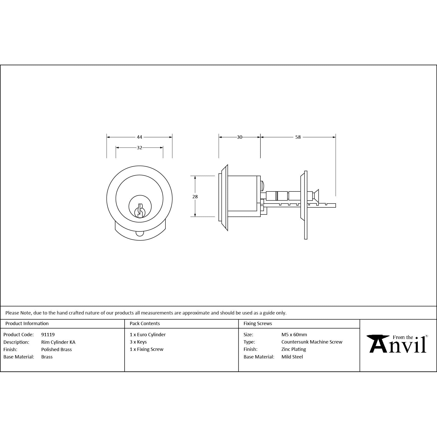 Polished Brass Rim Cylinder KA | From The Anvil - Night Latches - From The Anvil - Yester Home