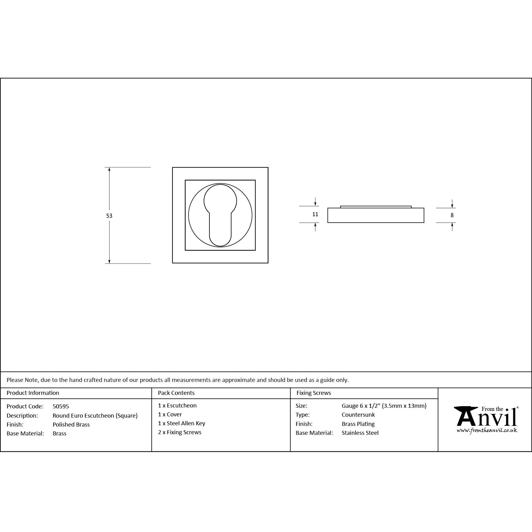 Polished Brass Round Euro Escutcheon (Square) | From The Anvil - Euro Escutcheons - From The Anvil - Yester Home