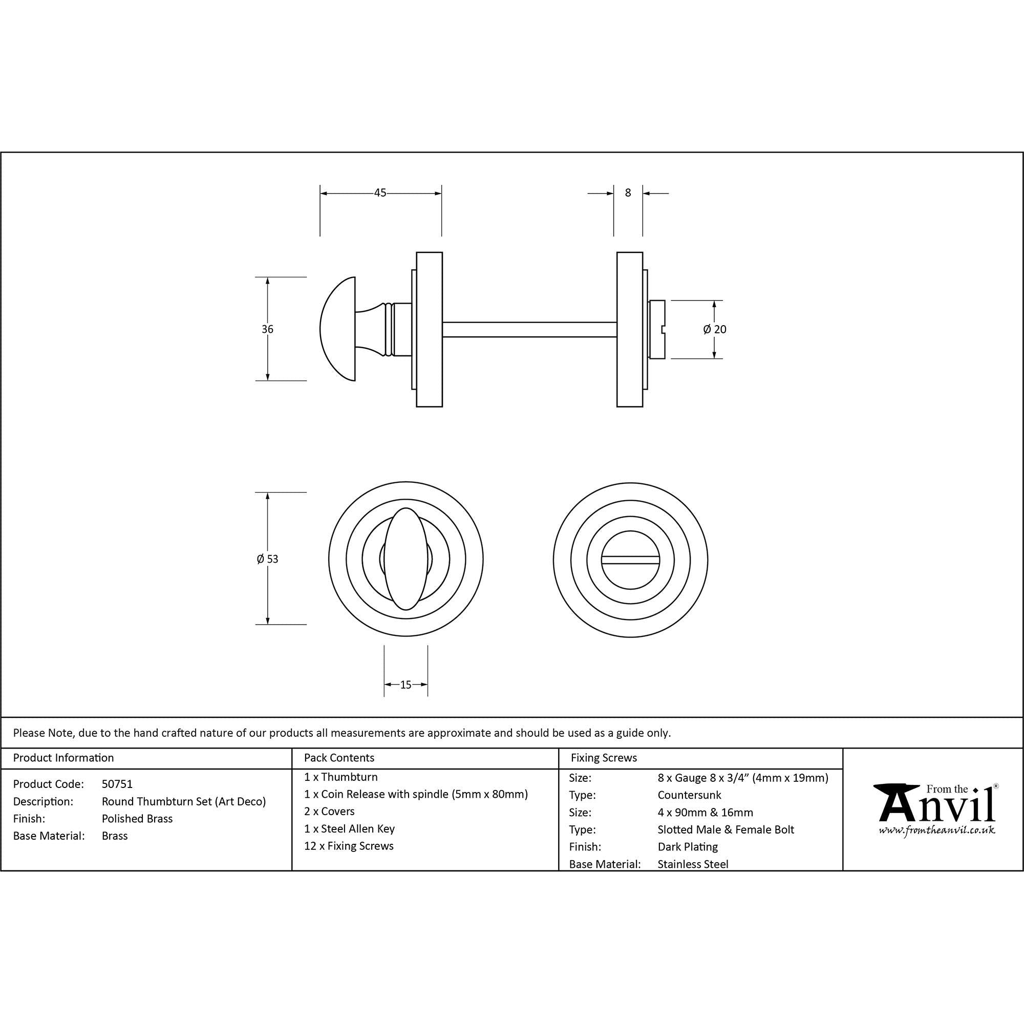 Polished Brass Round Thumbturn Set (Art Deco) | From The Anvil - Thumbturns - From The Anvil - Yester Home