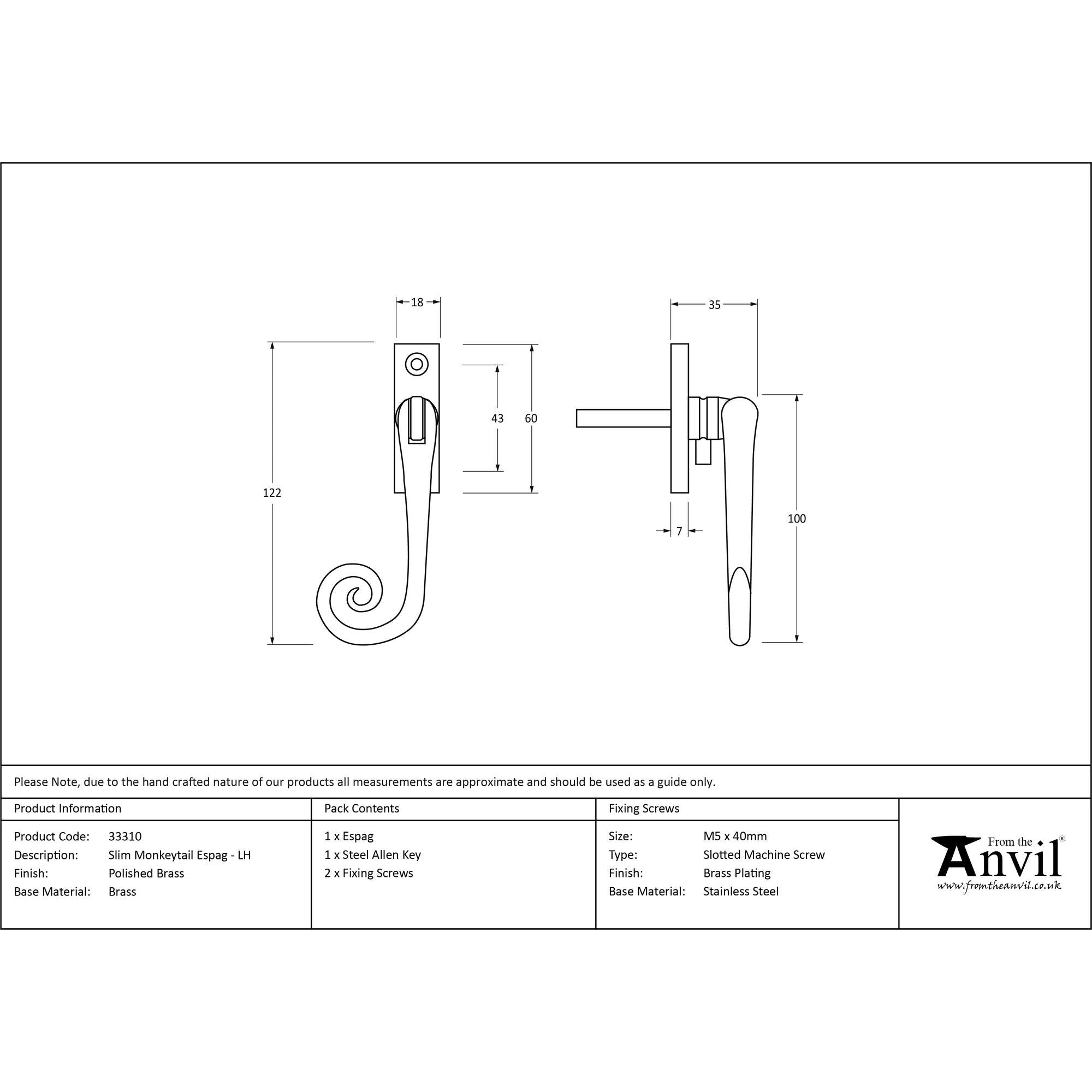 Polished Brass Slim Monkeytail Espag - LH | From The Anvil - Espag. Fasteners - From The Anvil - Yester Home