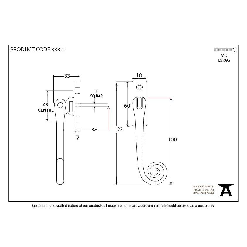 Polished Brass Slim Monkeytail Espag - RH | From The Anvil-Espag. Fasteners-Yester Home