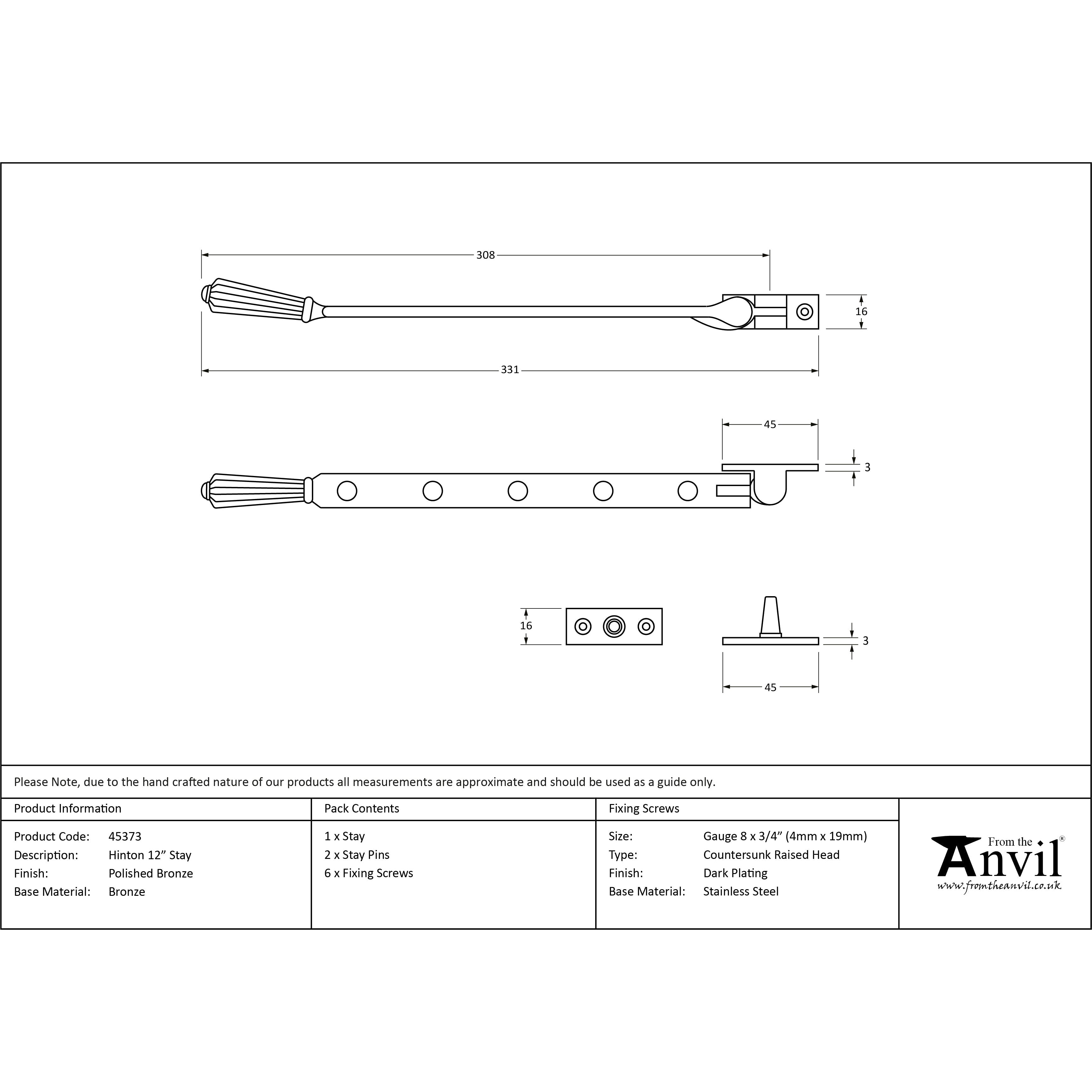 Polished Bronze 12" Hinton Stay | From The Anvil-Stays-Yester Home