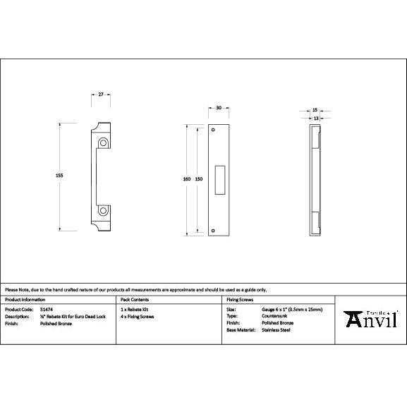 Polished Bronze ½" Rebate Kit for Euro Dead Lock - Deadlocks & Deadbolts - From The Anvil - Yester Home