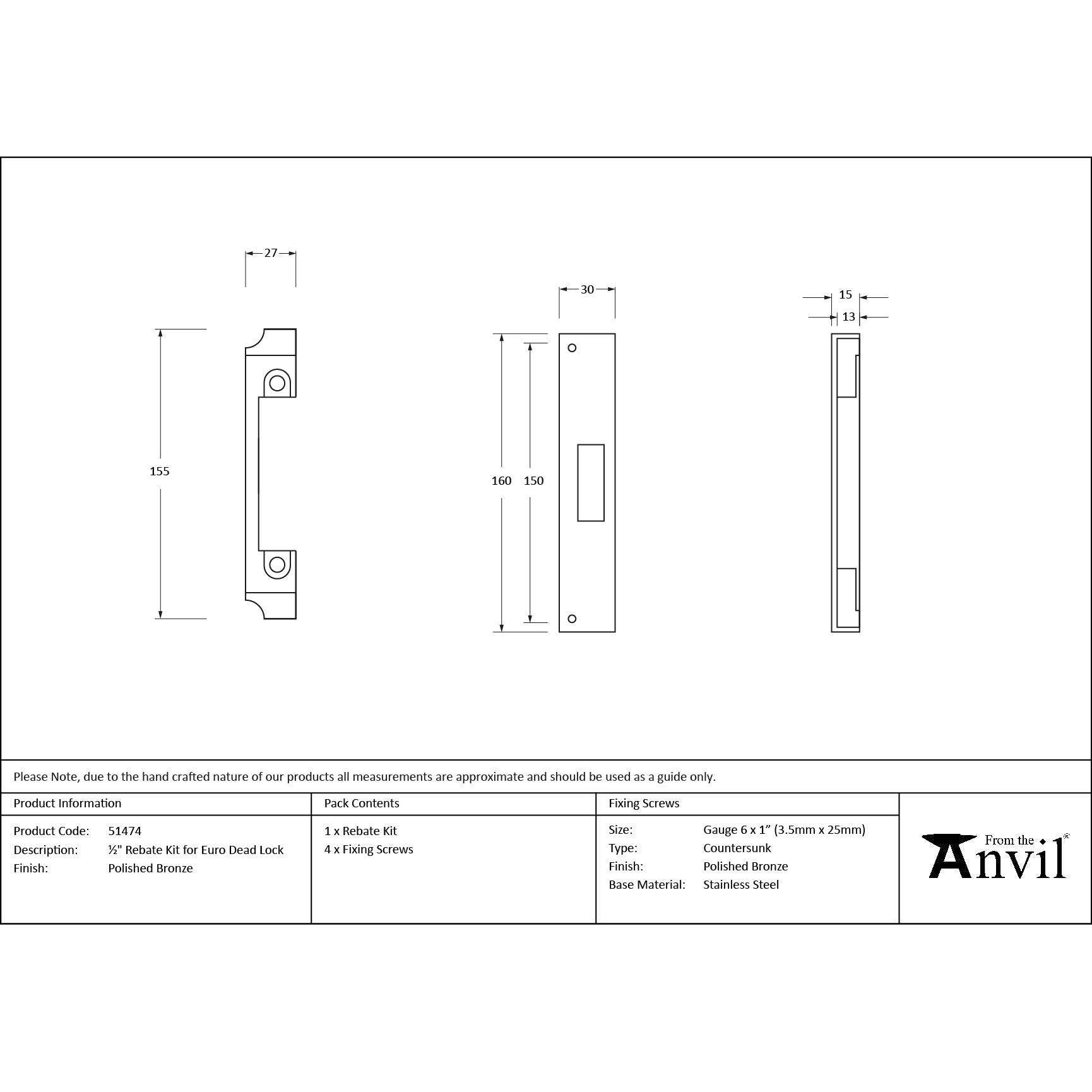 Polished Bronze ½" Rebate Kit for Euro Dead Lock - Deadlocks & Deadbolts - From The Anvil - Yester Home
