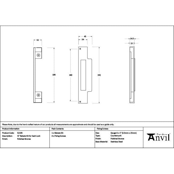 Polished Bronze ½" Rebate Kit for Sash Lock - Sash Locks - From The Anvil - Yester Home