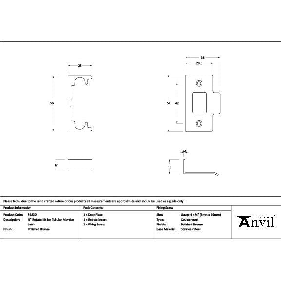 Polished Bronze ½" Rebate Kit for Tubular Mortice Latch - Latches - From The Anvil - Yester Home