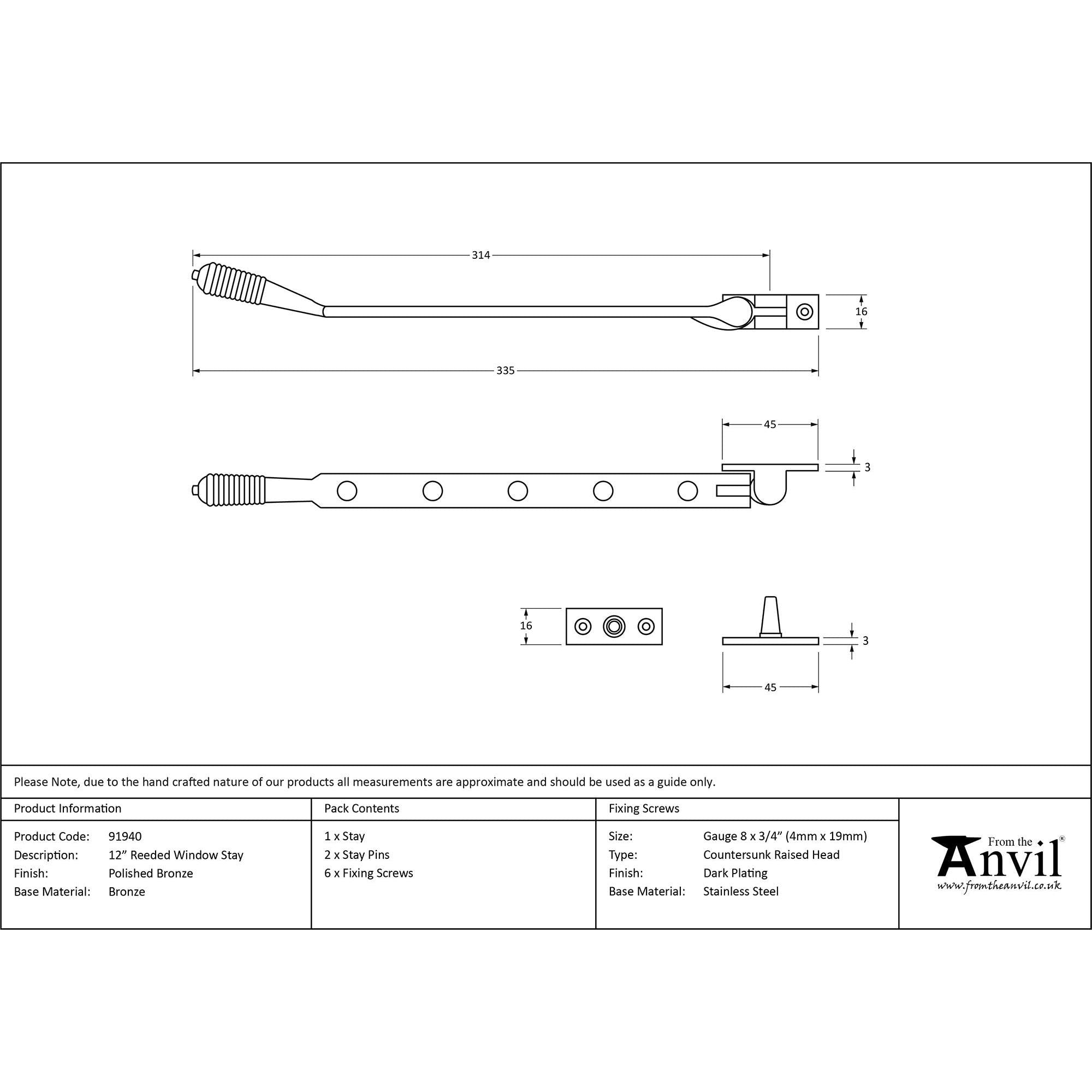 Polished Bronze 12" Reeded Stay | From The Anvil - Stays - From The Anvil - Yester Home