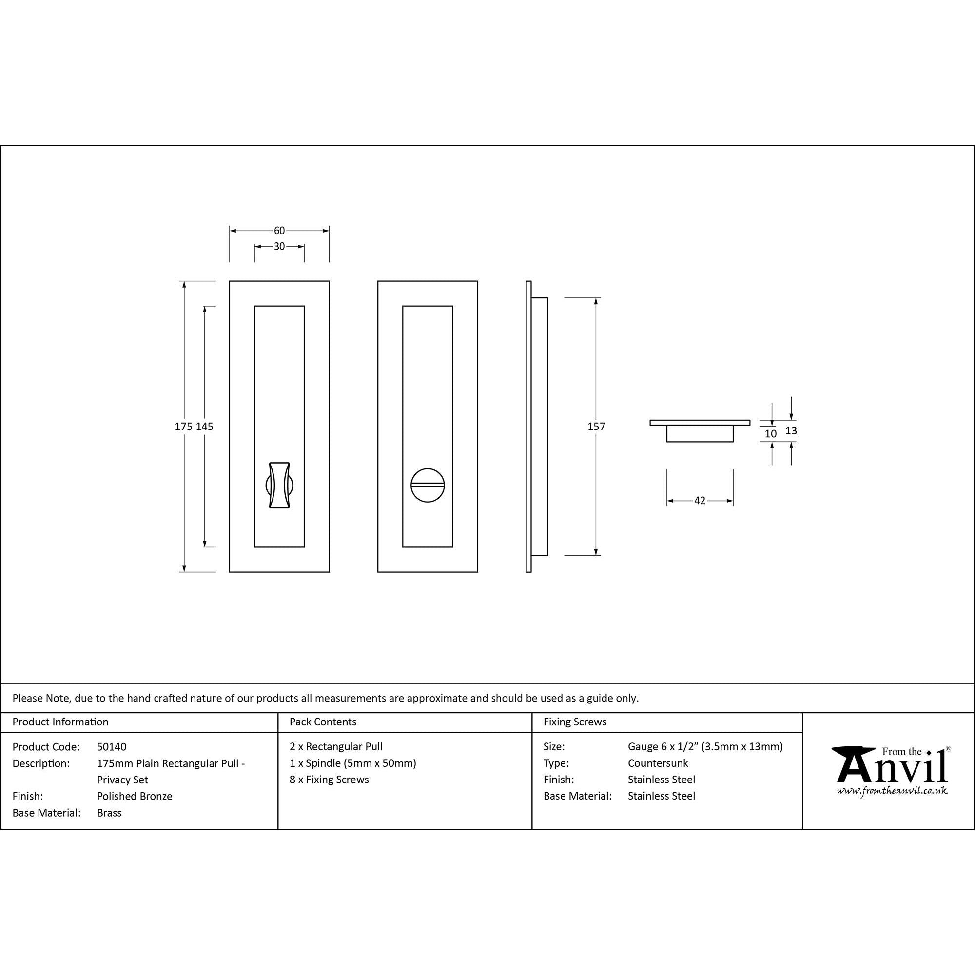 Polished Bronze 175mm Plain Rectangular Pull - Privacy Set | From The Anvil - Cabinet Pulls - From The Anvil - Yester Home