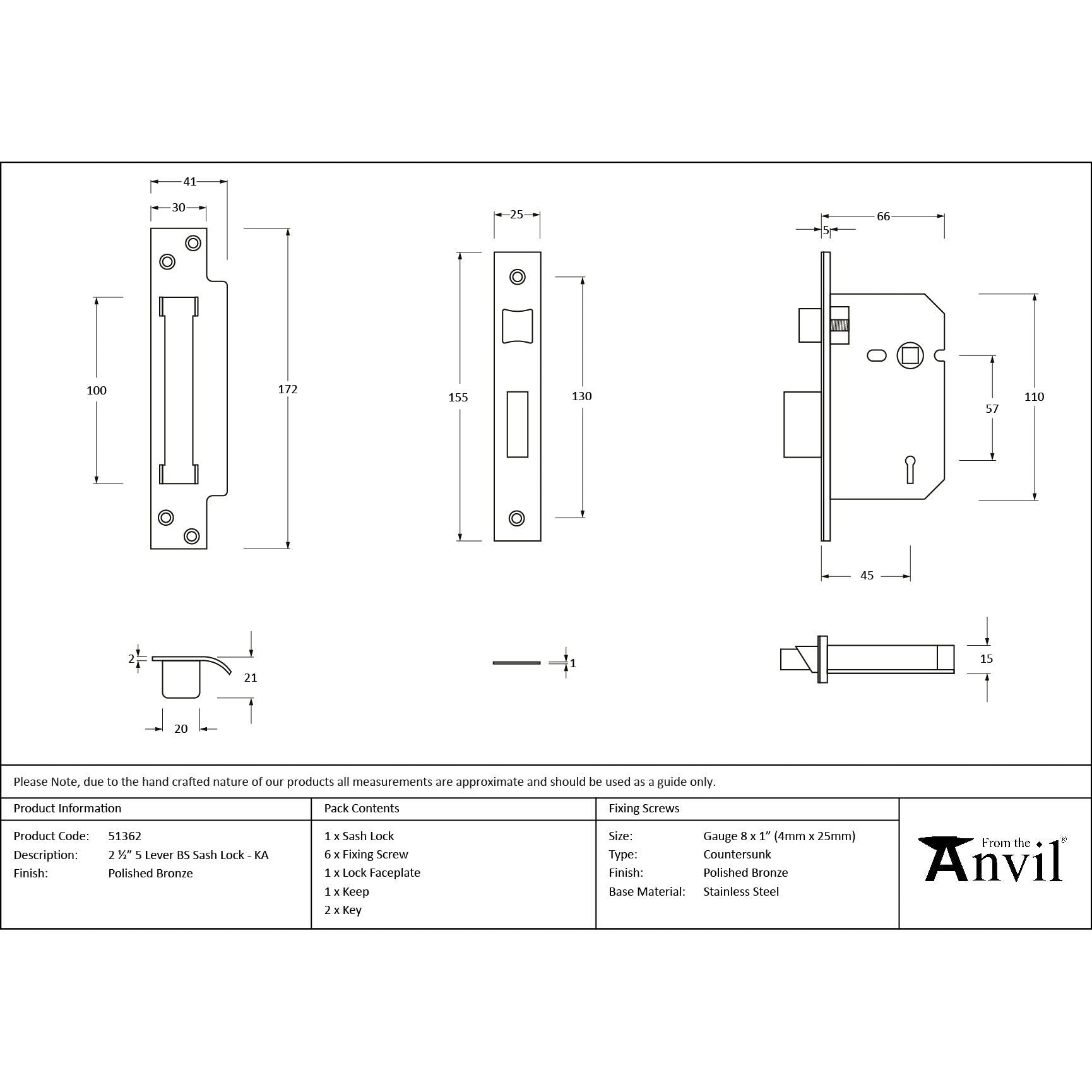Polished Bronze 2½" 5 Lever BS Sash Lock KA - Sash Locks - From The Anvil - Yester Home