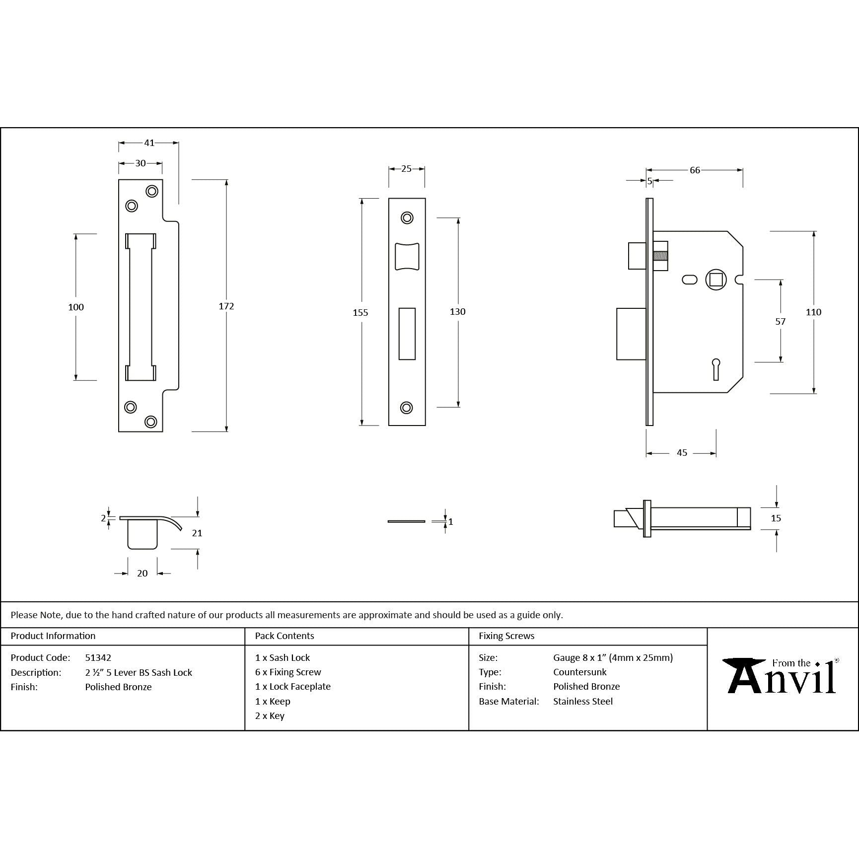 Polished Bronze 2½" 5 Lever BS Sash Lock - Sash Locks - From The Anvil - Yester Home