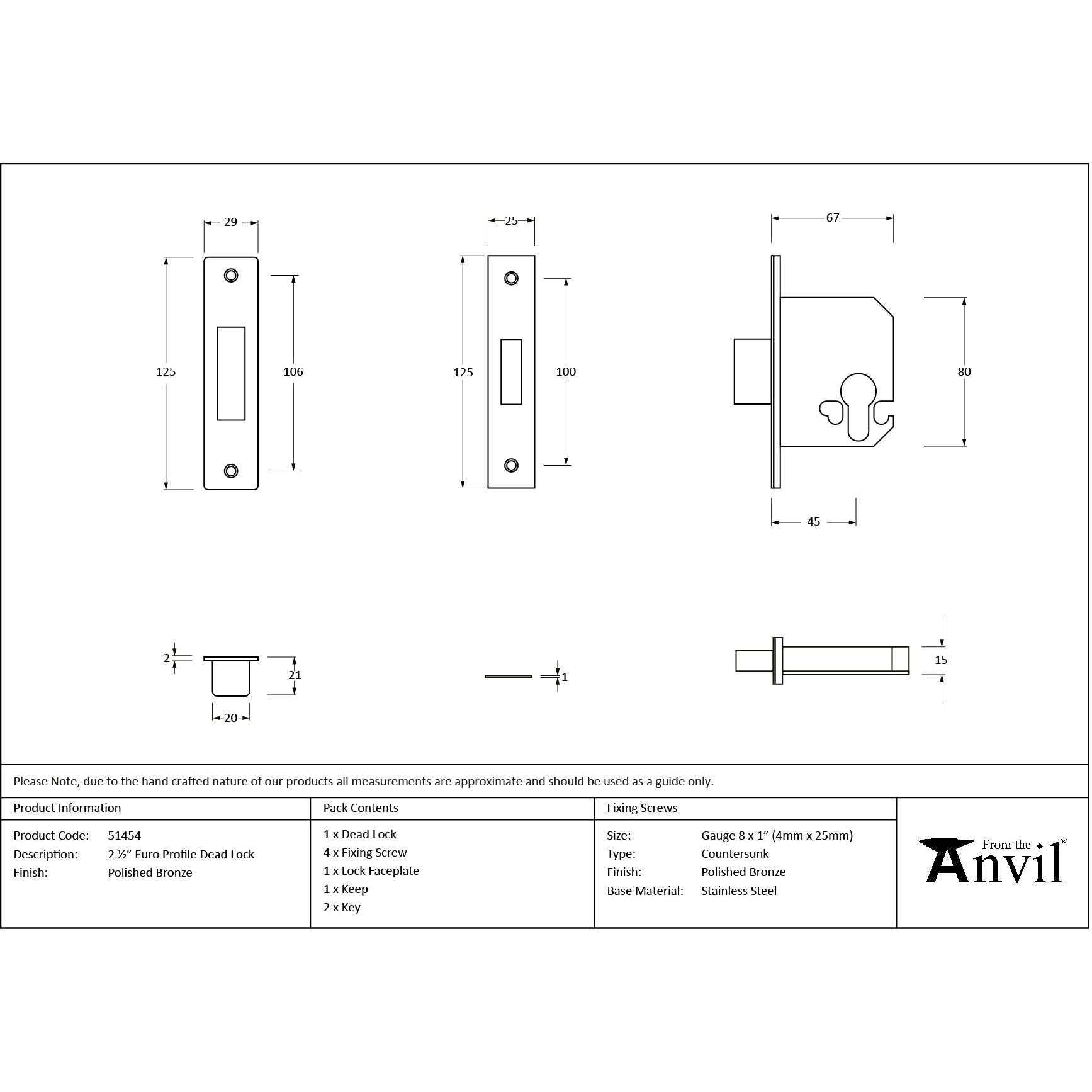 Polished Bronze 2½" Euro Profile Dead Lock - Deadlocks & Deadbolts - From The Anvil - Yester Home