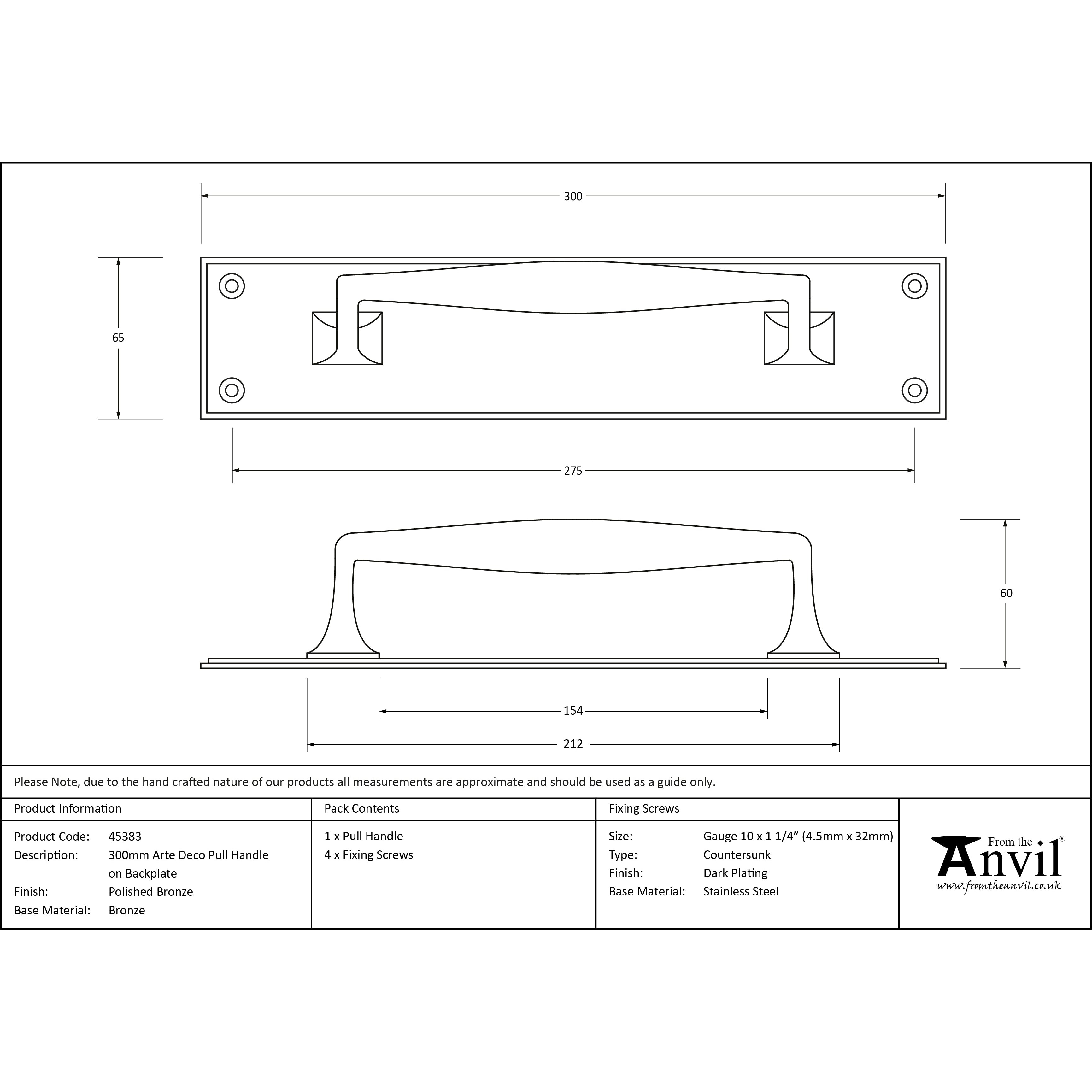 Polished Bronze 300mm Art Deco Pull Handle on Backplate | From The Anvil-On Backplate-Yester Home